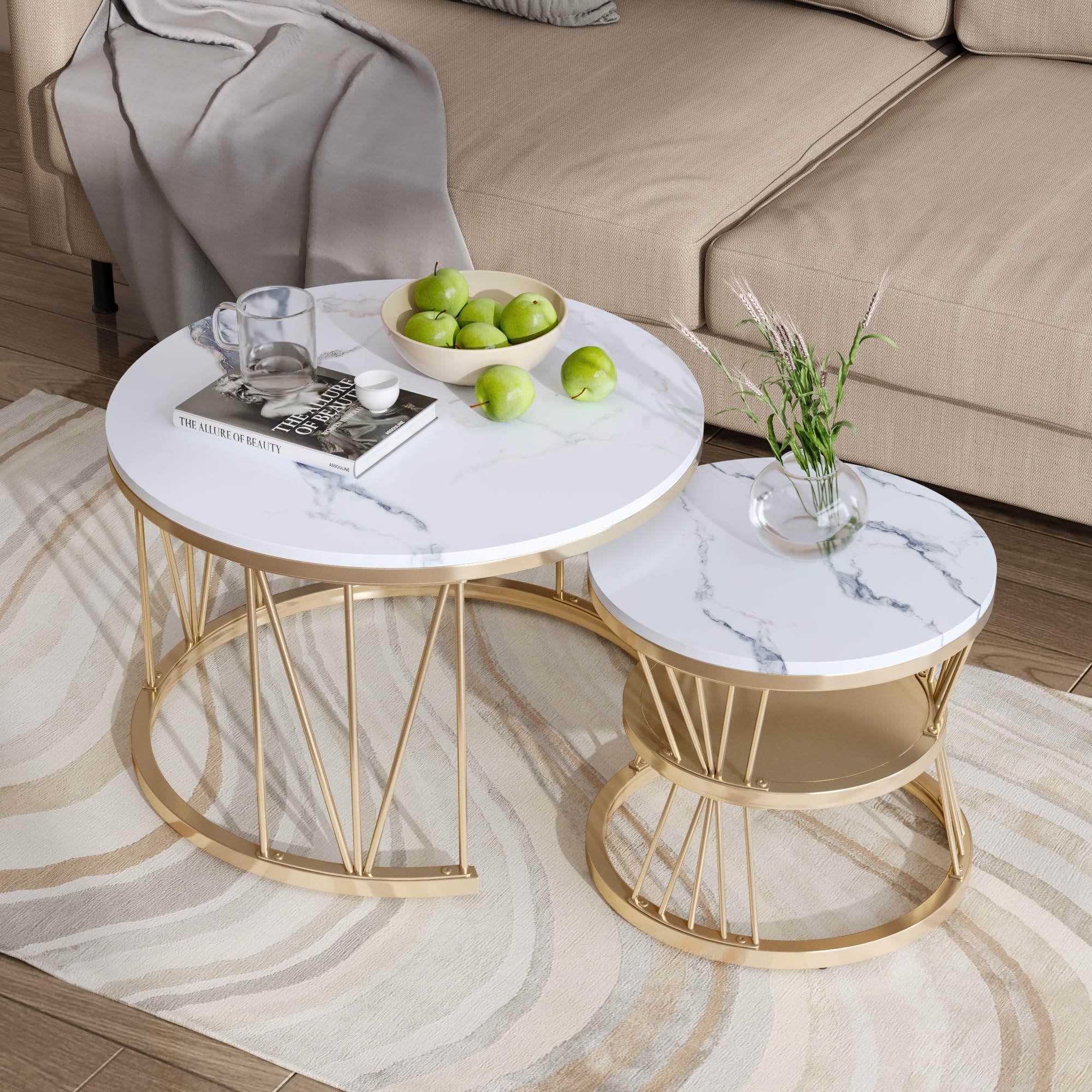 Couchtisch Rund 2er Set, Marmoriert Couchtisch, Sofa Tisch,Beistelltisch mit Metallrahmen,Moderne Kaffeetische Satztische für Wohnzimmer Schlafzimmer (Golden-021)