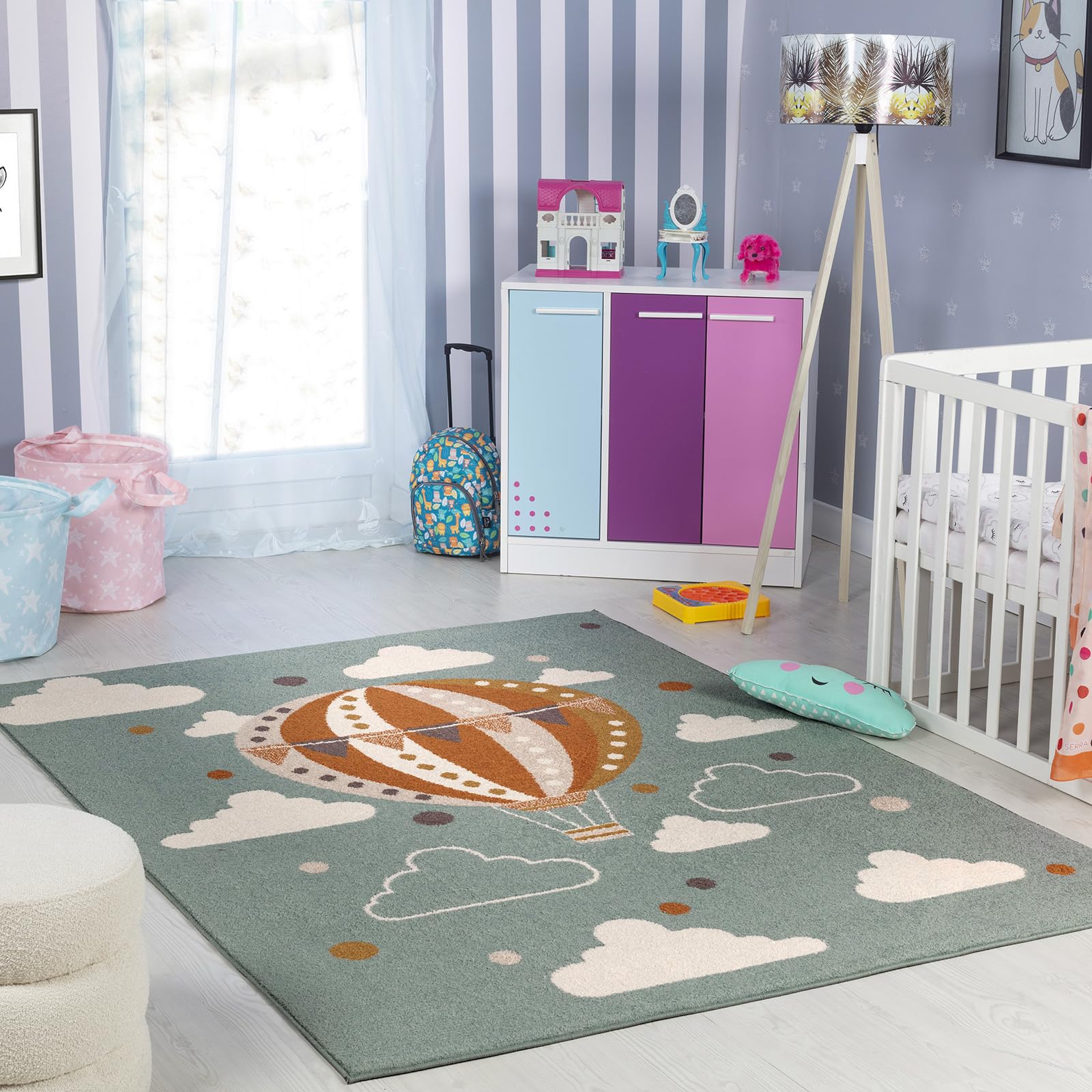Livabliss Hot Air Balloon Kids Rug - Childrens Rugs for Bedroom 120x170 cm, Kids Carpet for Girls & Boys Bedroom, Playroom and Nursery Rugs, Baby Rug for Girl or Boy Room, Teal and Orange