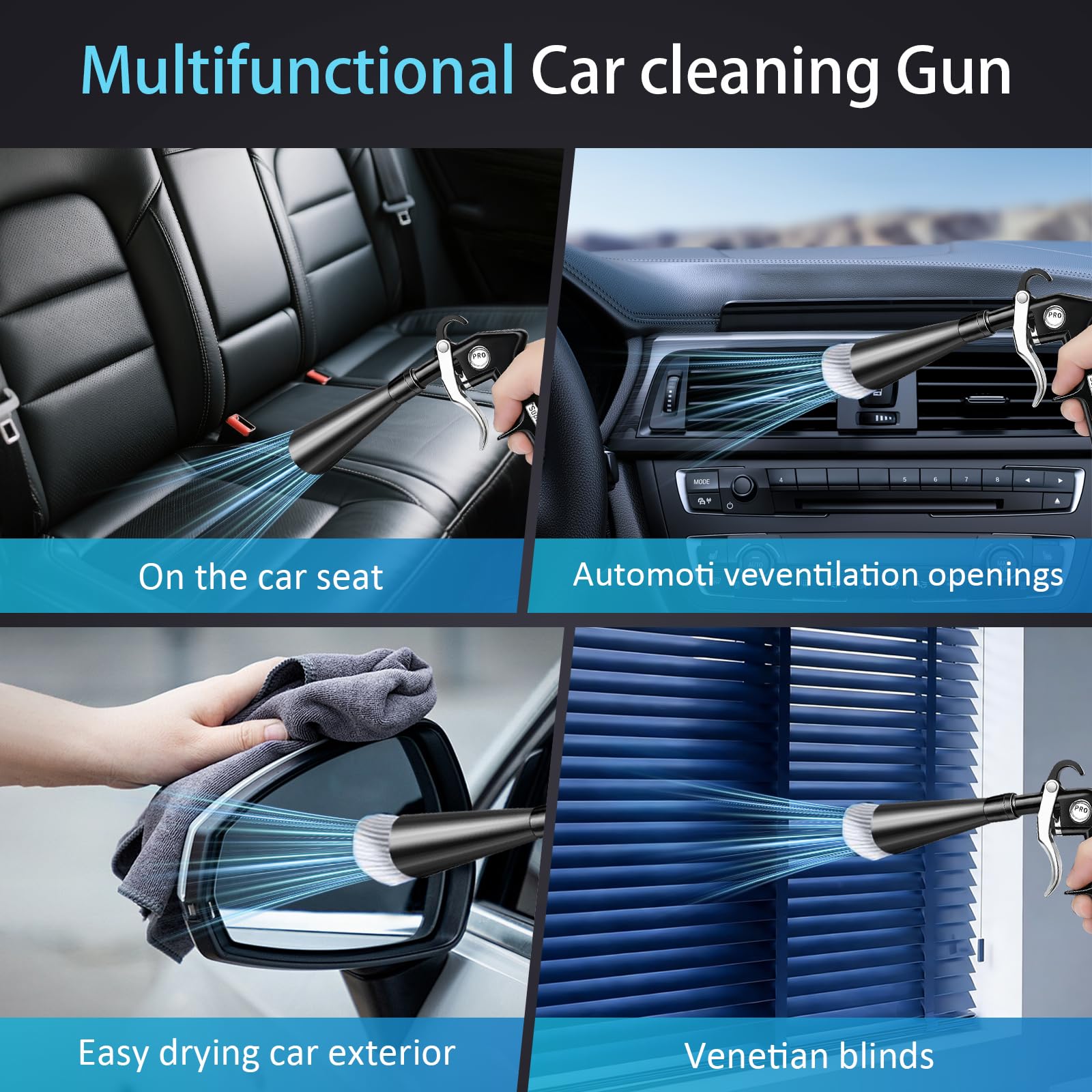 Pistola de Limpieza de Aire Comprimido para Coche - Soplador de Alta Presión con 2 Boquillas para Secar y Limpiar - Para Asientos, Motor, Llantas y Habitáculo - Eliminación Rápida de Suciedad y Polvo