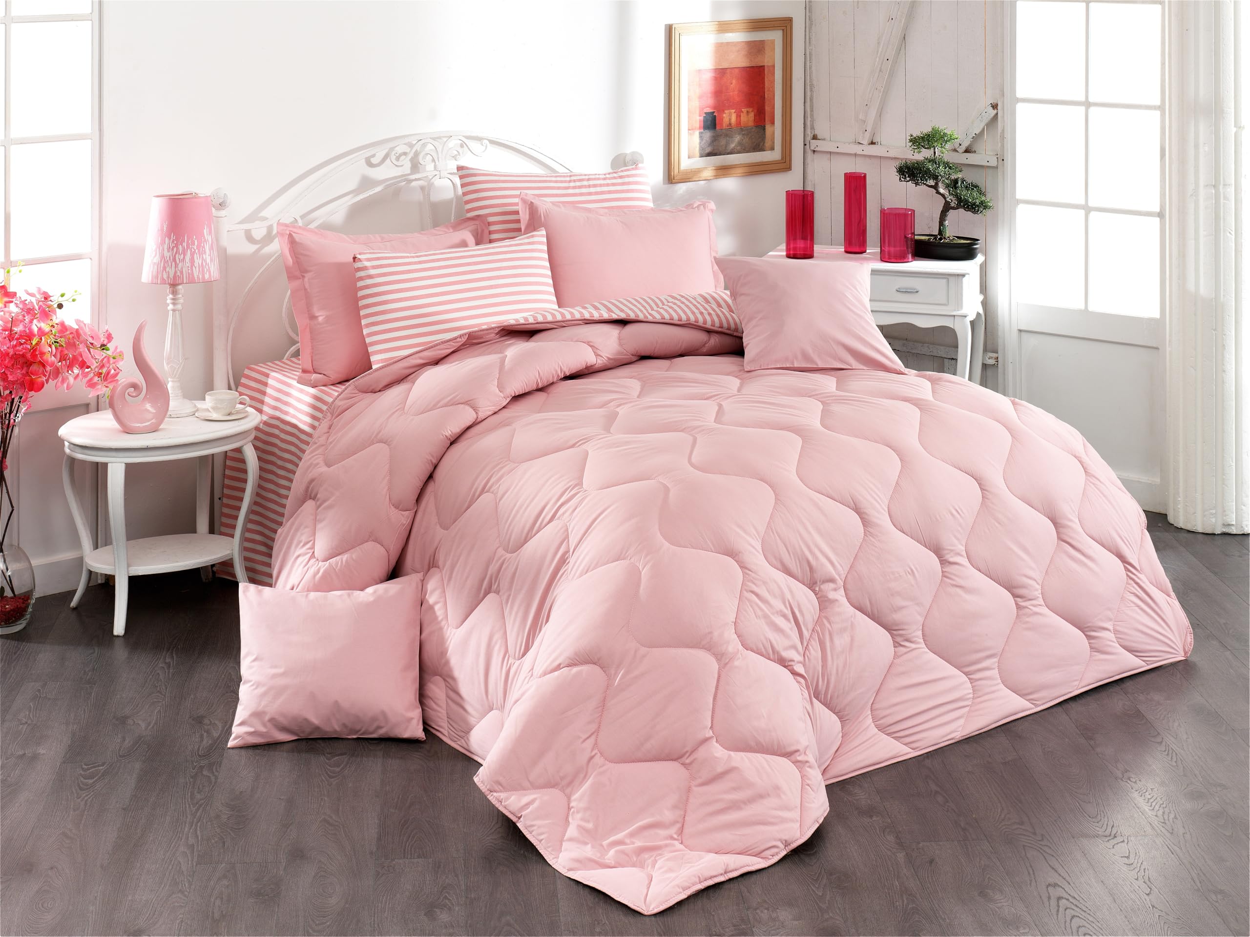 Yonk Life Home Classic Battal Boy Uyku Seti (PUDRA PEMBE ÇİZGİLİ, BATTAL BOY)