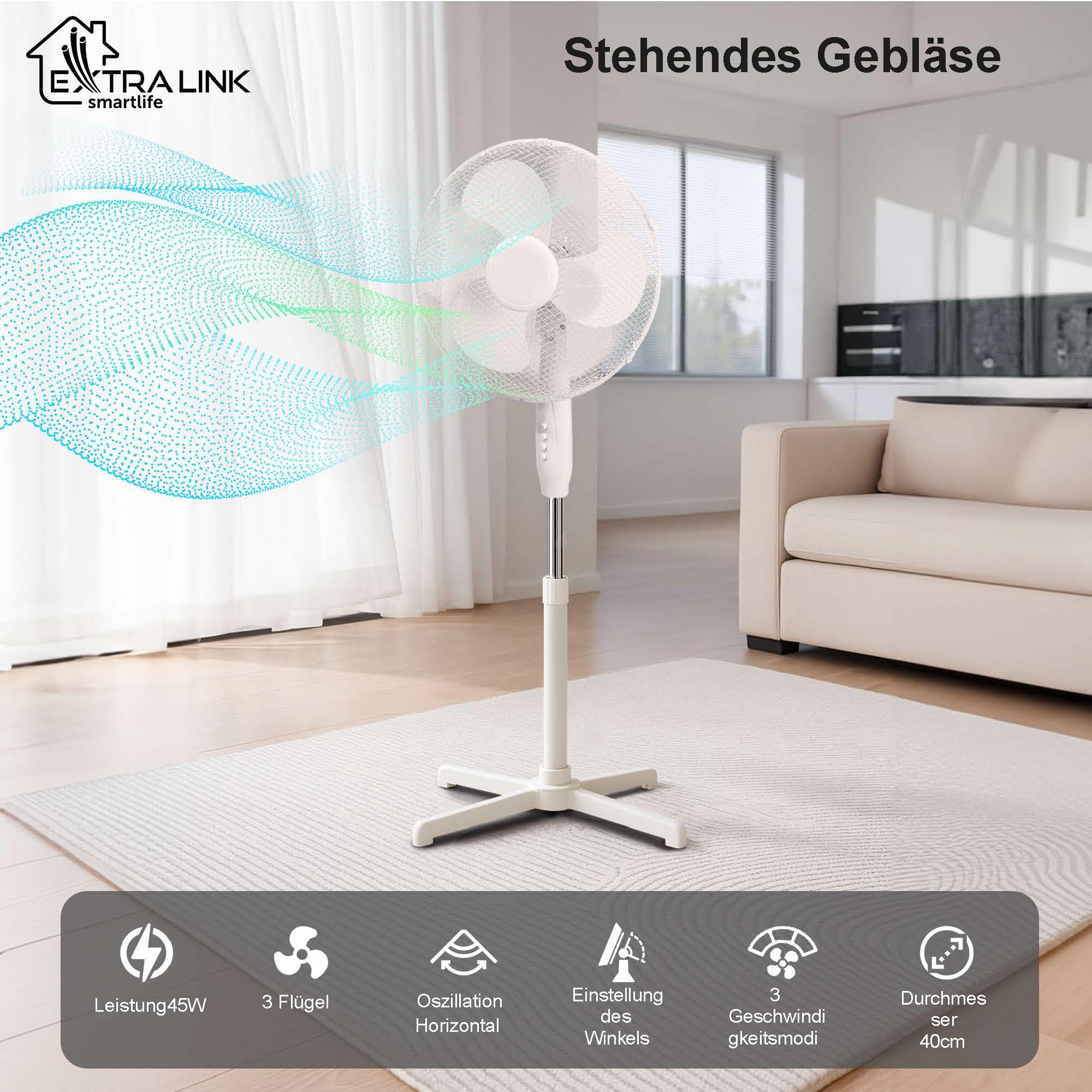 EXTRALINK Standventilator 40 cm – Leiser Bodenventilator 3 Geschwindigkeiten, Oszillation, Neigungsverstellung & 3 Rotorblättern – Kompakter Ventilator für Schlafzimmer, Büro & Zuhause – 45W Weiß