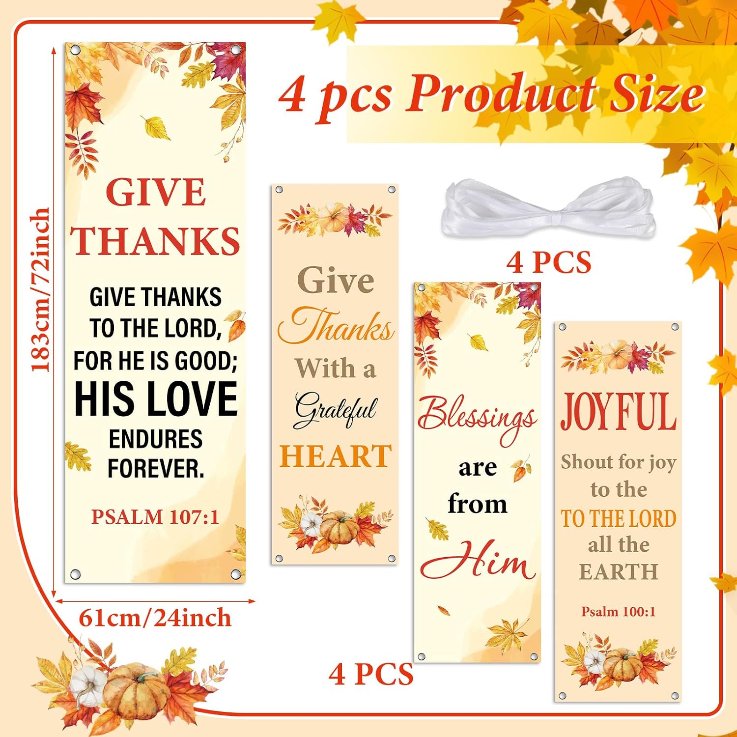 4Pcs Church Banners for Sanctuary Wall Welcome Inspirational Religious Banners Hanging Backdrop Fall Thanksgiving Watercolor Pumpkin Maple Leaves Scripture Bible Verse Banner for Holiday School Decor