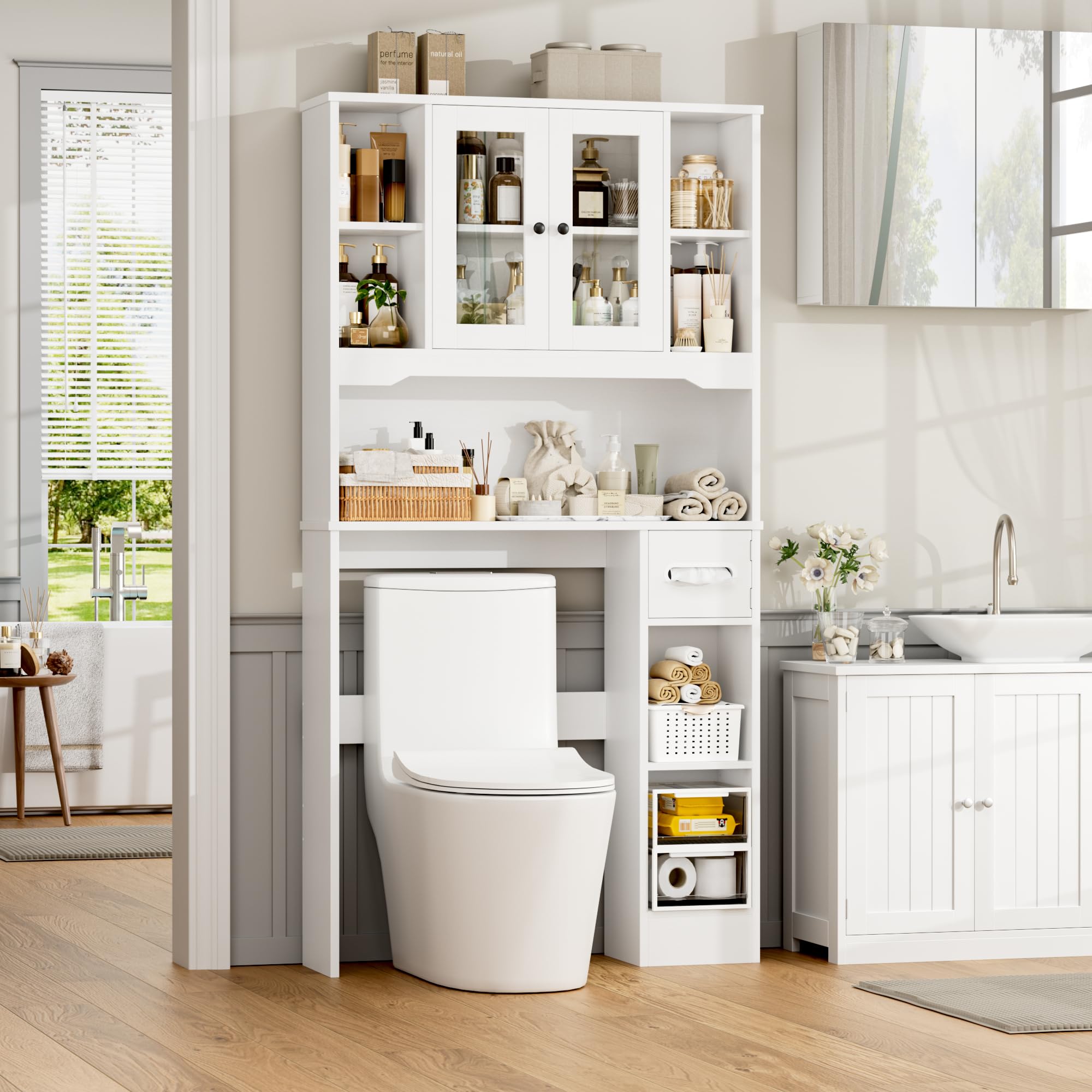 FOREHILL Mobile Lavatrice con 2 Ante, Mobile Sopra WC a 7 Scomparti Aperti e Porta Fazzoletti, Scaffale Sopra Lavatrice a Ripiani Regolabili, Mobiletto Asciugatrice, 89x20x173cm (Bianco)