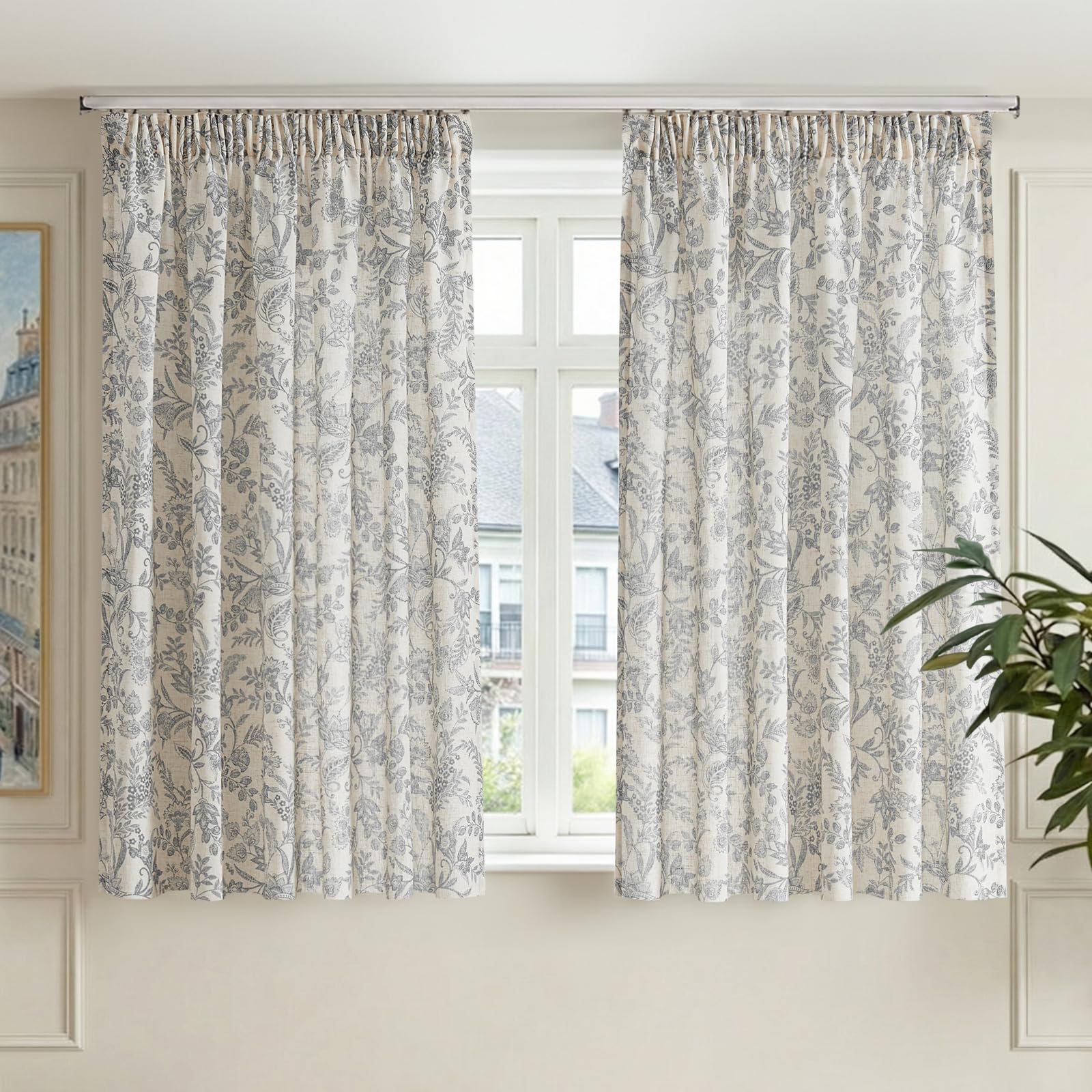 TOPICK Grey Botanic Floral Linen Look Sheer Curtains, W55xL54 Inch, 2 PCS