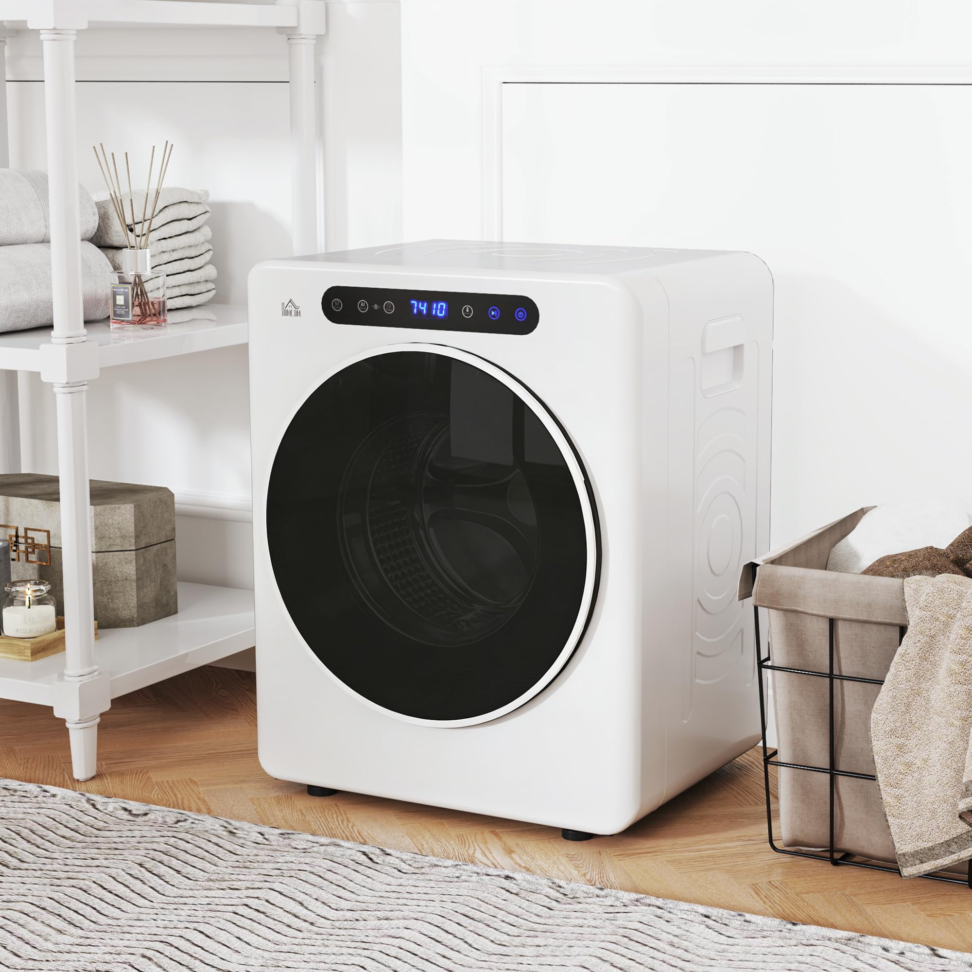 HOMCOM Mini Ablufttrockner 5kg Wäschetrockner mit Sterilisation, 6 Programmen bis zu 60℃, 1000W Trockner mit Touch-Screen, Knitterschutz, Edelstahltrommel, Extra-Trocken-Modus Weiß