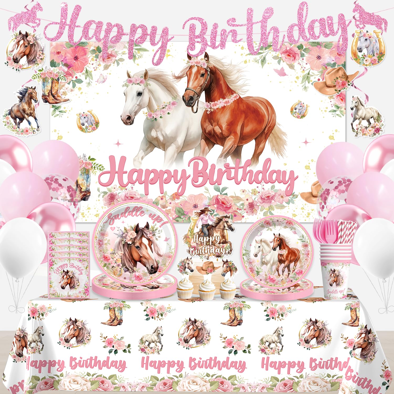 214Pcs Cowgirl Birthday Party Decorations Serve 25, Horse Party Supplies Includes Backdrop, Plates, Napkins, Cups, Banner, Hanging Swirl, Tablecloth,