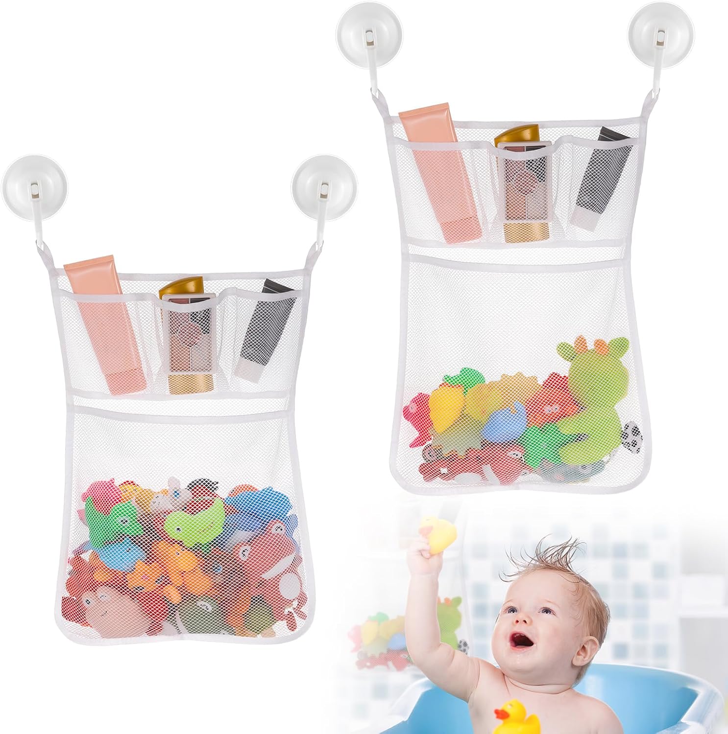 RosewineC 2 Pack Mesh Baby Bath Toy Storage with 4 Strong Suction Hooks
