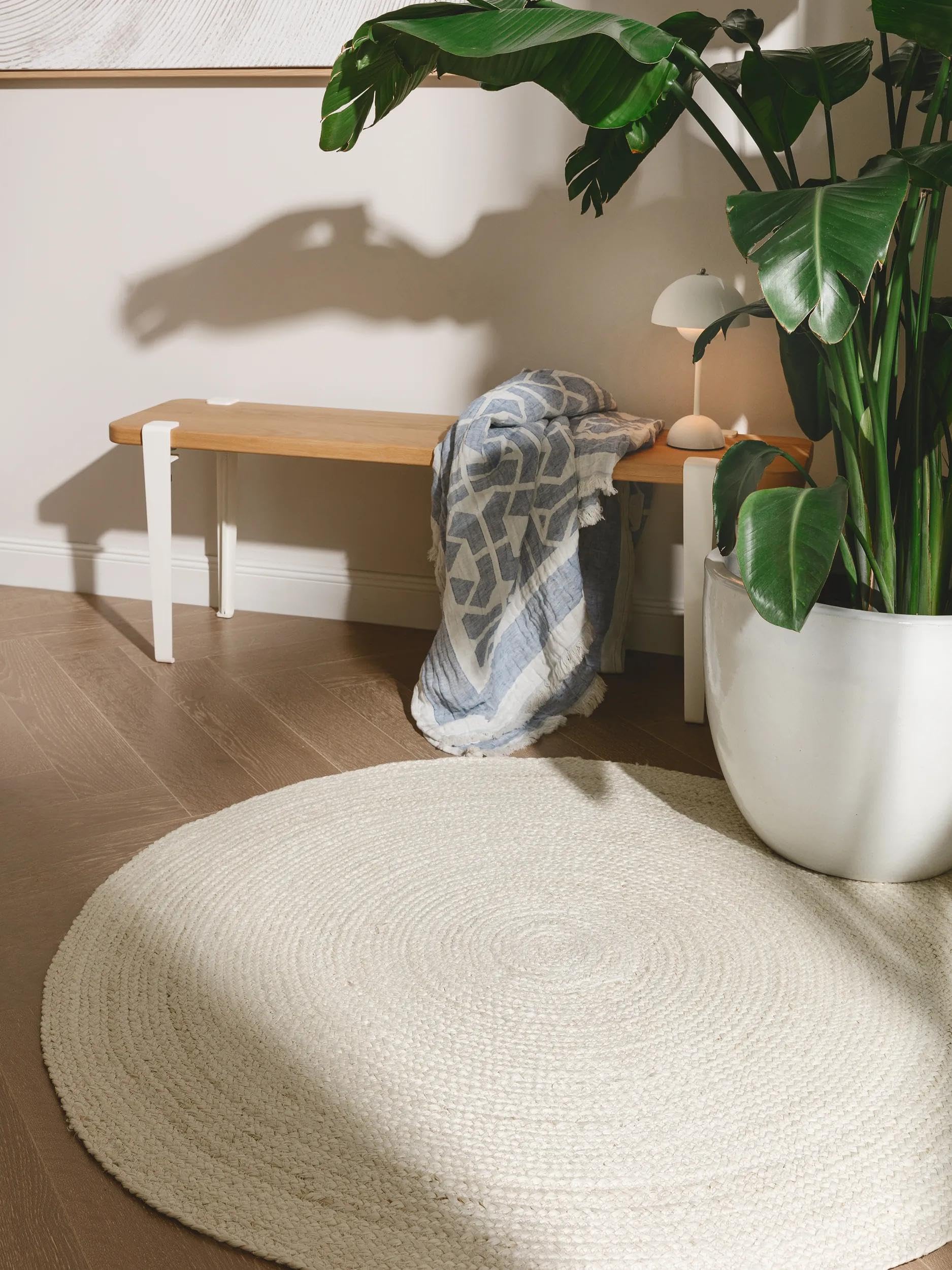 benuta Pure Tappeto Juta Jutta - Avorio Rotondo 80 cm - Tessuto a Mano per Camera da Letto, Salotto, Soggiorno - Design Boho - Adatto al Riscaldamento a Pavimento