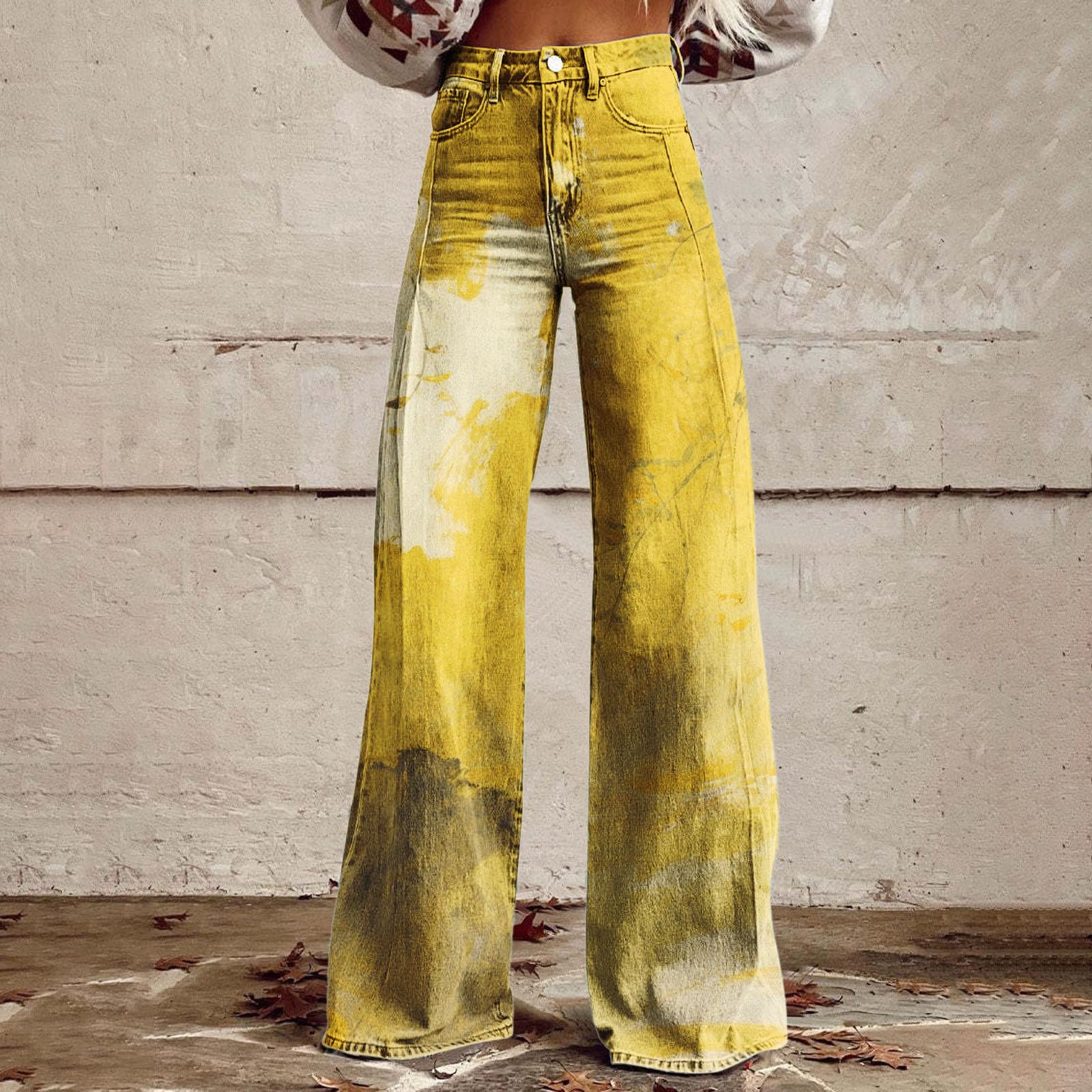 Pantalon évasé pour femme - Taille haute - Extra long - Jambes larges - Dégradé de couleurs - Pantalon en denim des années 70 - Élégant rétro - Avec poches et boutons