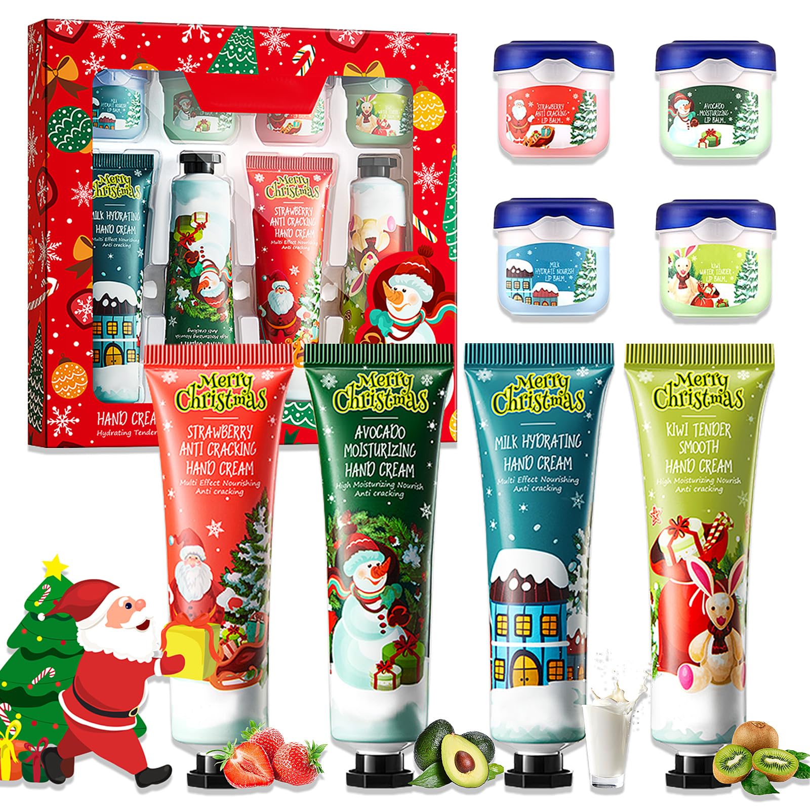 8Pcs Christmas Hand Cream & Lip Balm Set,Deeply Hydrating & Repair dry skin