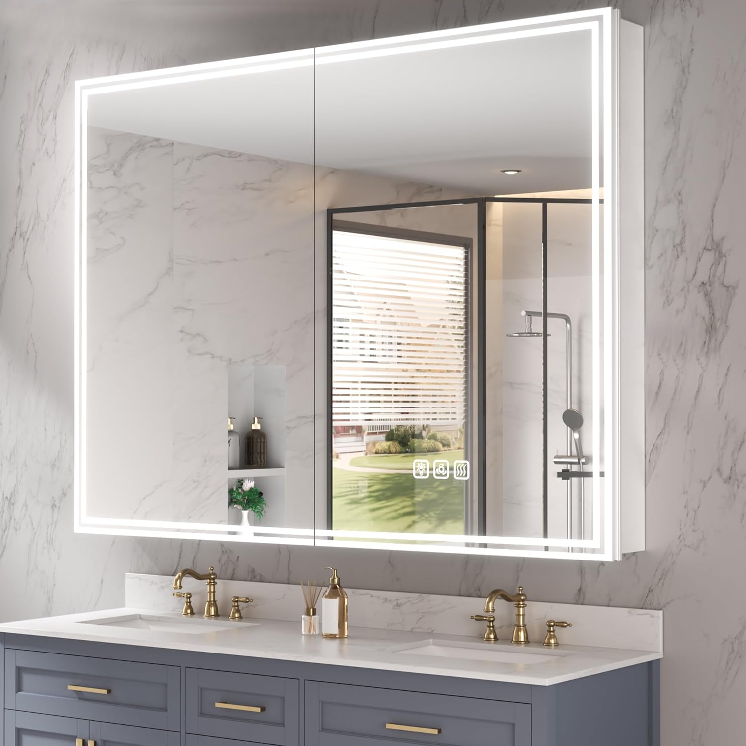 Bathroom Medicine Cabinet with Mirror and Lights,48 * 36 Inch Cabinets with 2 Doors, Memory Function, 3 Color Temperatures, Anti-Fog,Electrical Outlet & USB, Stepless Dimmer, Storage Shelf