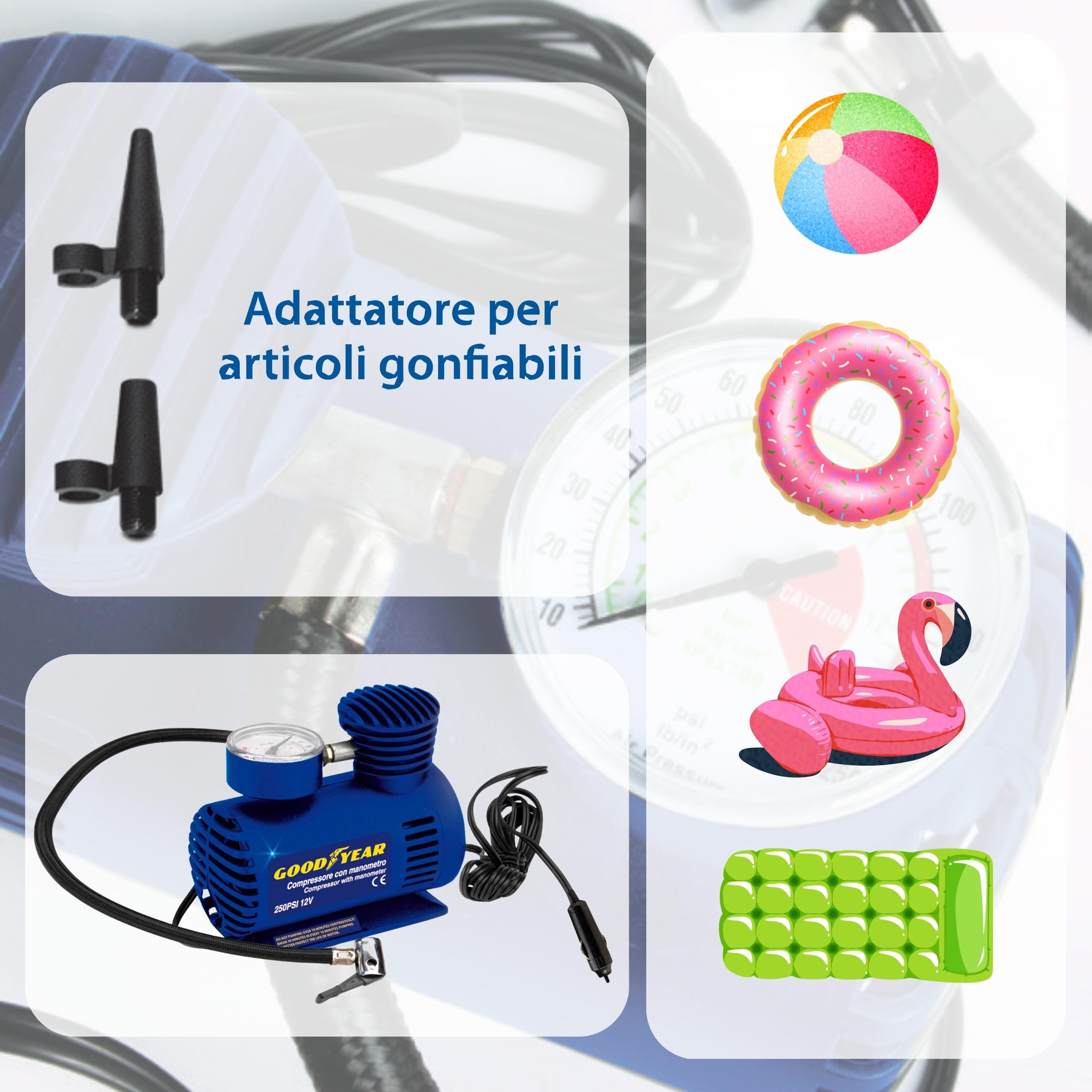 Goodyear Compressore con Manometro 12V 250 PSI, per Auto, Moto, Bici e Attrezzature Sportive, con 4 Accessori inclusi, Attacco Presa Accendisigari, Compressore Portatile
