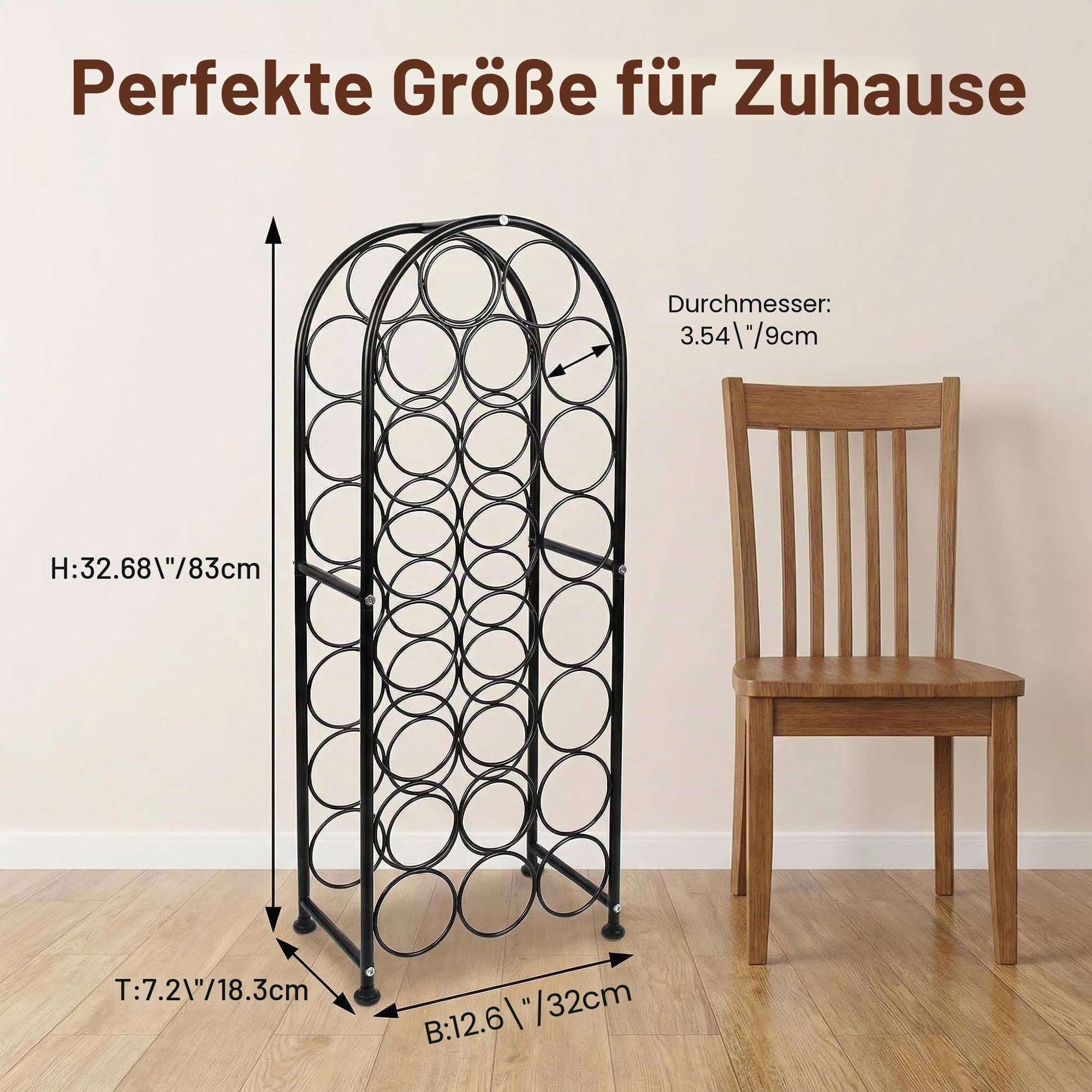 PAG Weinregal Metall 23 Flaschen Freistehendes Boden-Flaschenregal, Dekorativer Flaschenhalter-Ständer für Küche/Boden/Bar, Schwarz