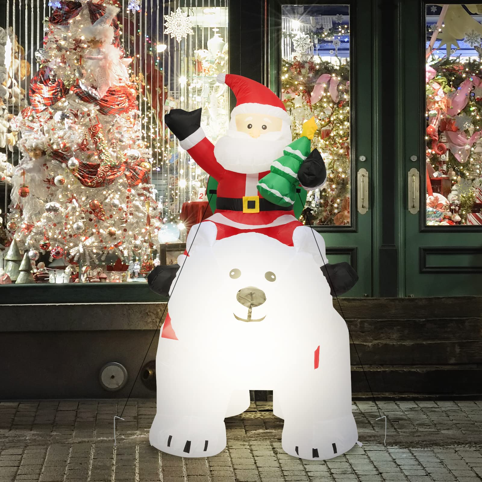GOPLUS 175CM Père Noël Chevauchant l'Ours Gonflable avec Lumières - Décoration Noël Intérieur et Extérieur