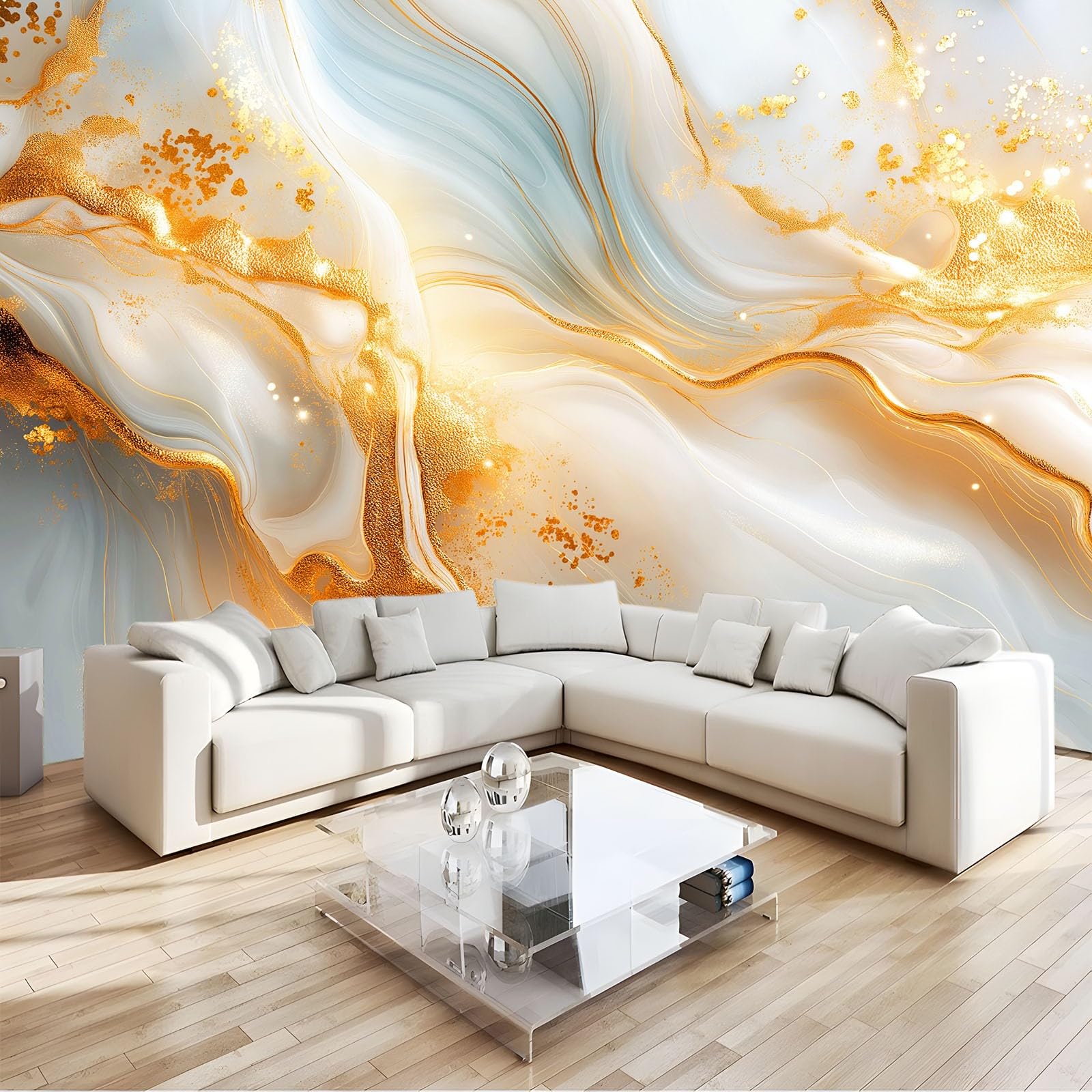 Générique Panoramiczna tapeta Minimalistyczny marmur 3D złote linie obramowania 200 x 140 cm, nowoczesna włóknina XXL Dekoracja ścienna Salon Sypialnia Biuro Pokój dziecięcy, wielokolorowa