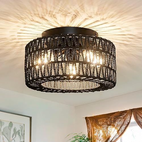 Lámpara de ratán para montaje en techo, 3 luces de techo boho empotradas, lámpara de pantalla de jaula tejida a mano, lámpara de ratán rústico para