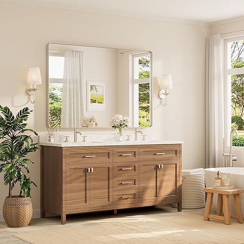 Miniatura 73 de TETOTE Espejo con marco dorado cepillado de 48 x 24 pulgadas, espejo de tocador de baño de latón para pared, moderno espejo rectangular de esquina