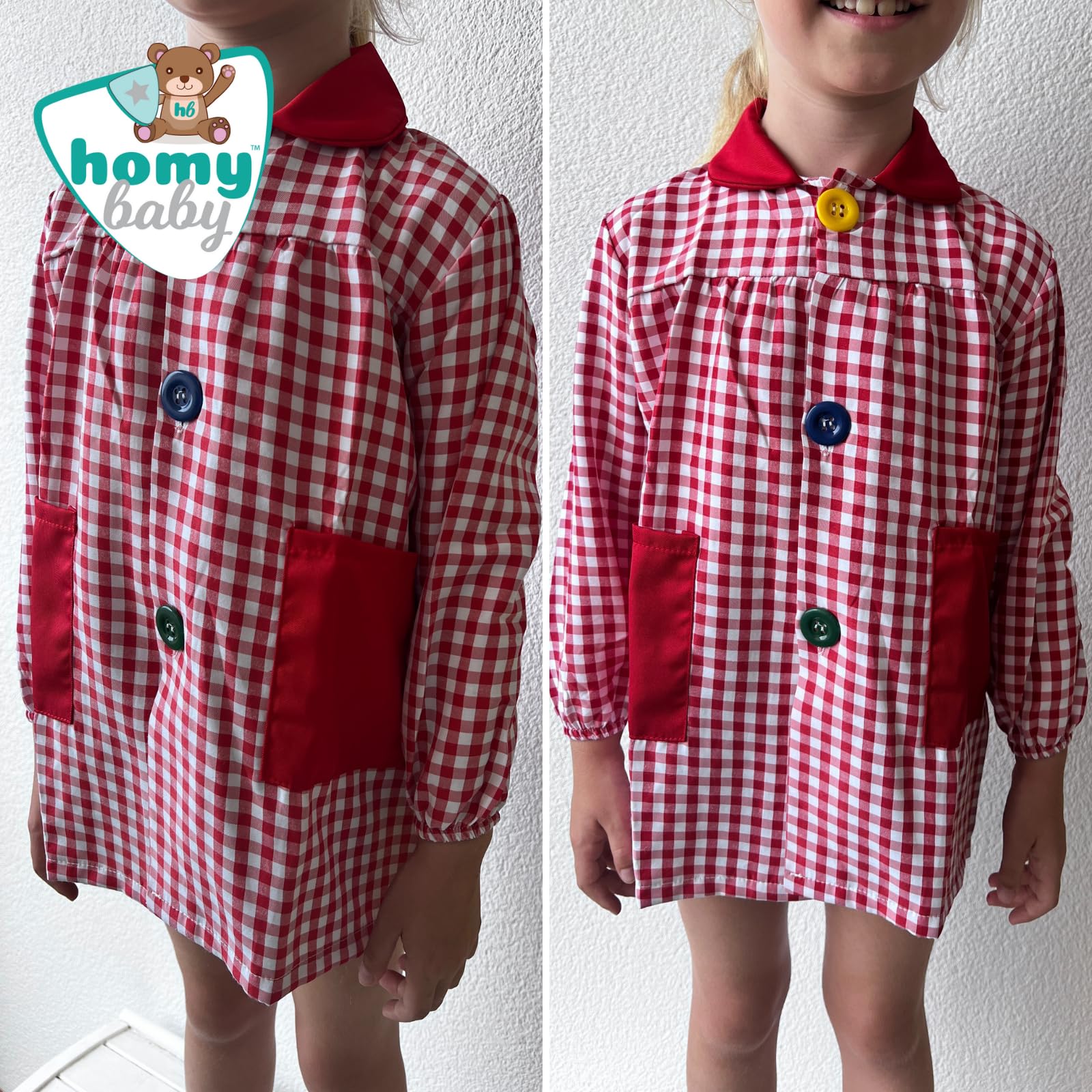 HOMYBABY® Babi escolar infantil para guarderia y colegio con botones - Bata escolar para niño o niña - Baby escolar infantil fácil de poner y quitar con bolsillos y puños cerrados (Red, Size 1)