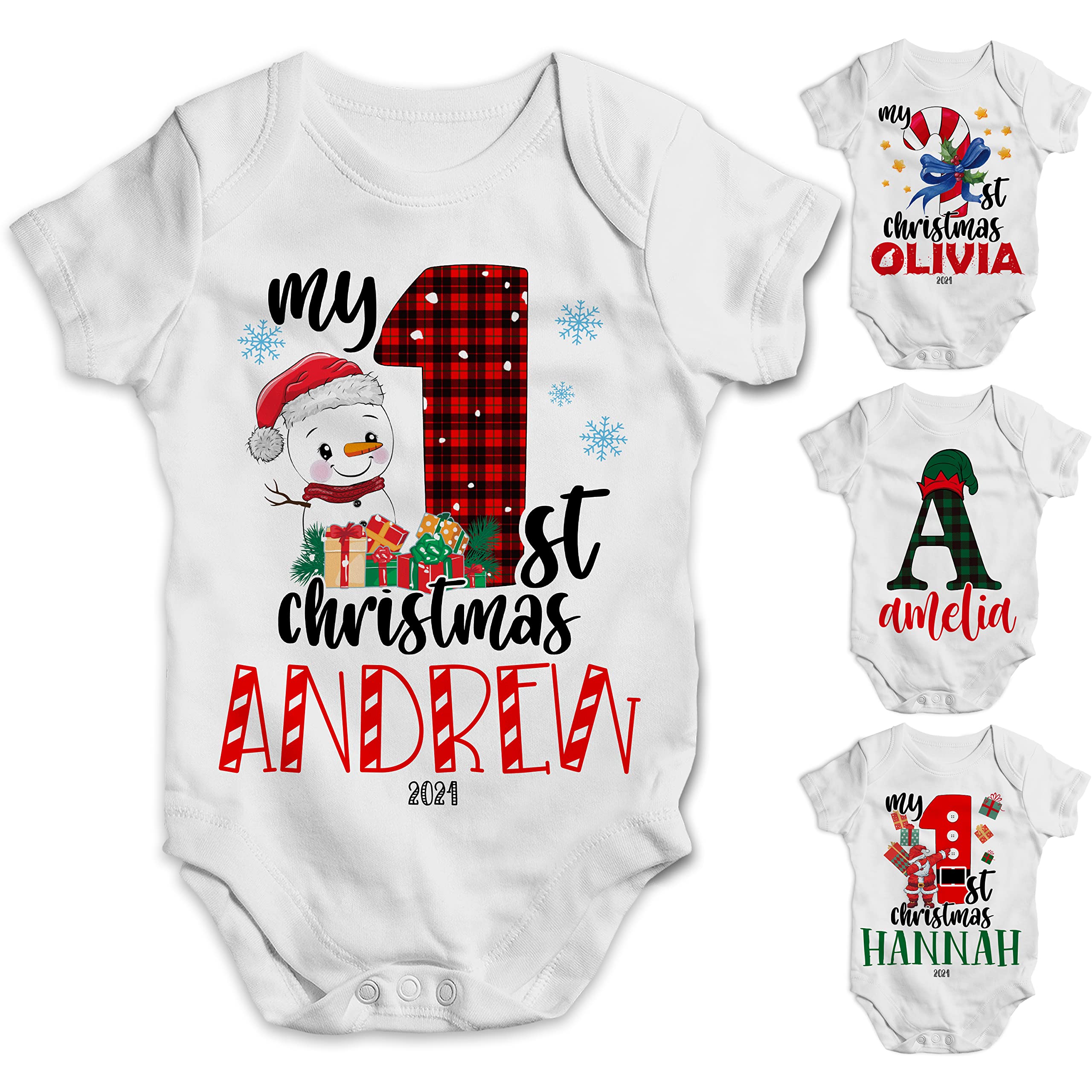 PEOPLE PEOPLE Personalized Girl Boy Christmas Baby Onesies w/Name - 9 Design -Custom My 1st Noel Bebe Bodysuit Clothes, Christma Kids Gift C1, White, Newborn, 3M, 6M, 12M, 18M, 24M