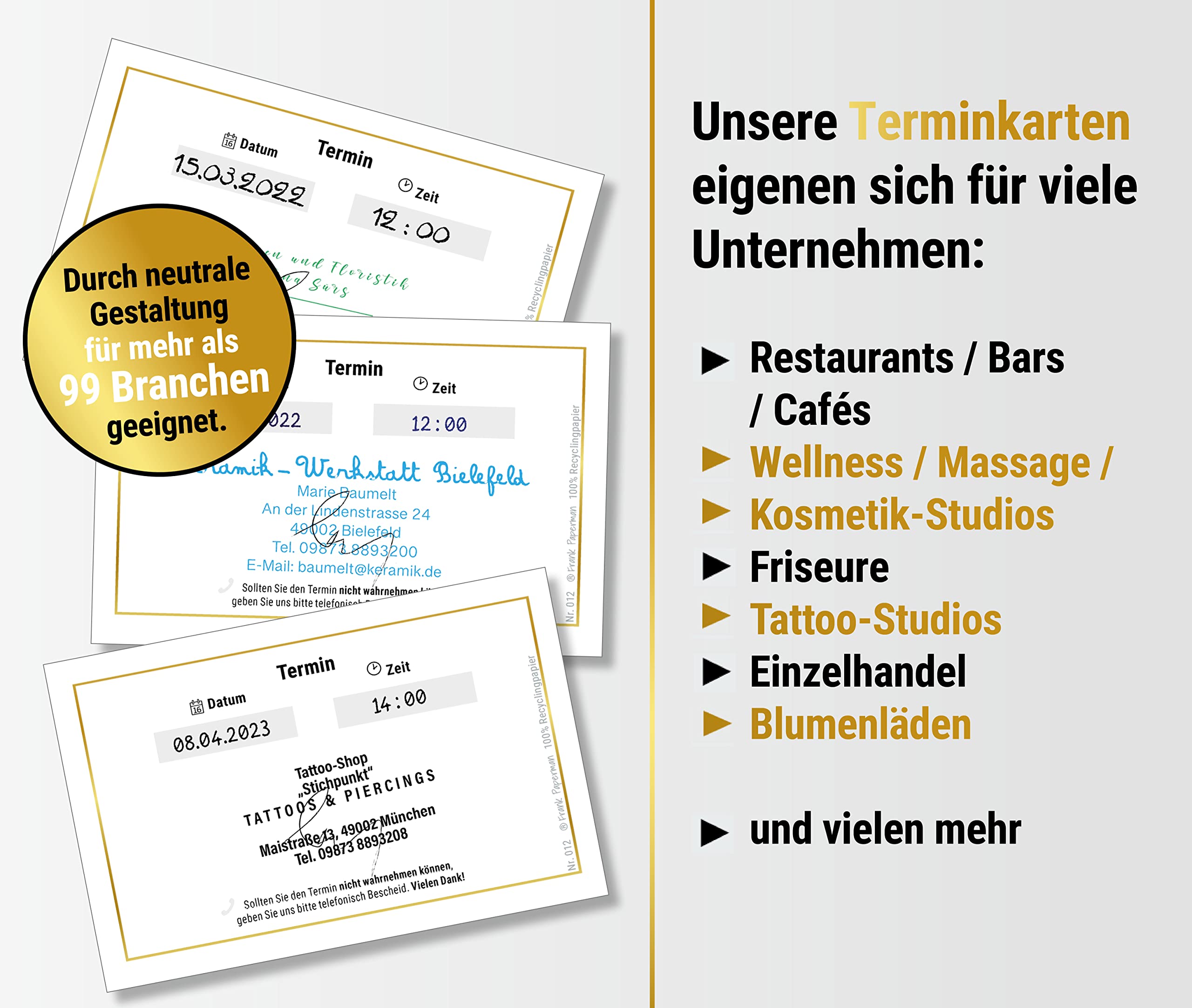 200x Terminzettel gold | mit hochwertiger Goldfolienprägung | 1 Termin auf einem Terminzettel praxis | Visitenkartenformat | Querformat