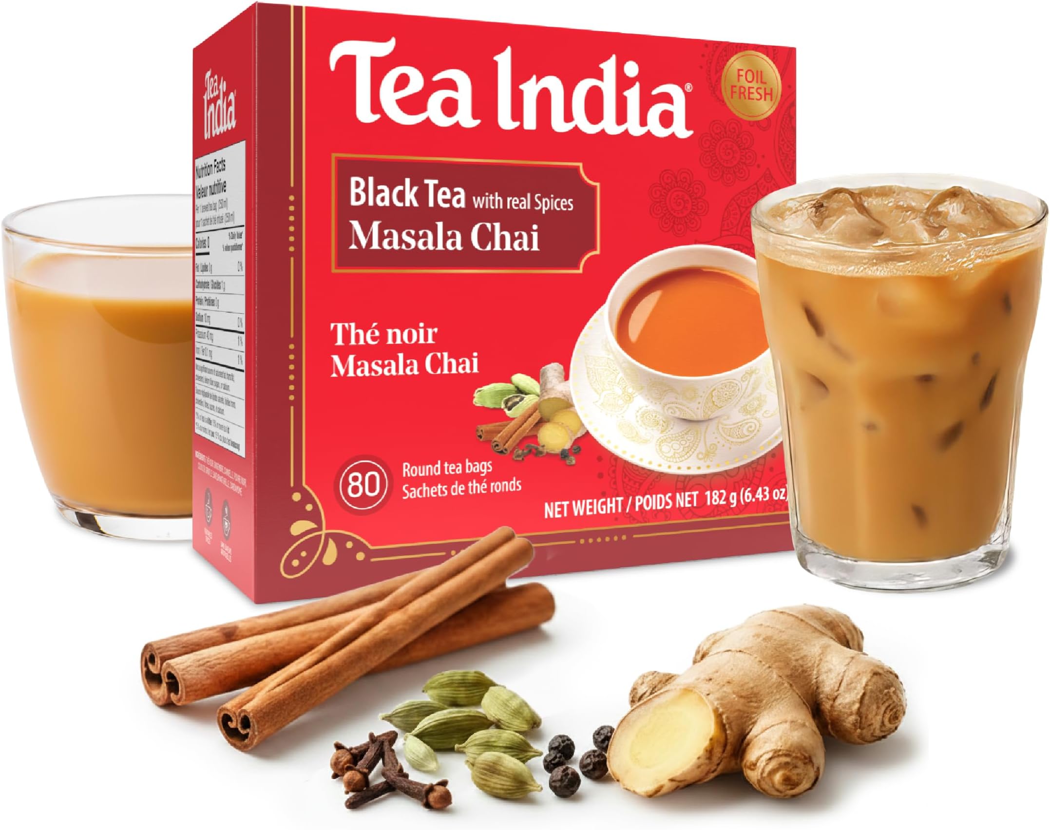 Tea India Masala Chai Tea Flavorful Blend Of Black Tea & Natural Ingredients Strong Full-Bodied Traditional Indian Caffeinated Tea 80 Round Teabags