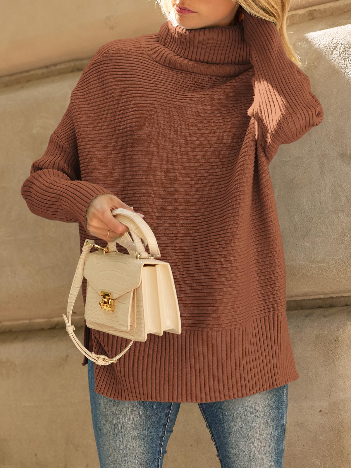 LILLUSORY Oversized Turtleneck Sweaters Fall Batwing Sleeve Ribbed Tunic Sweater