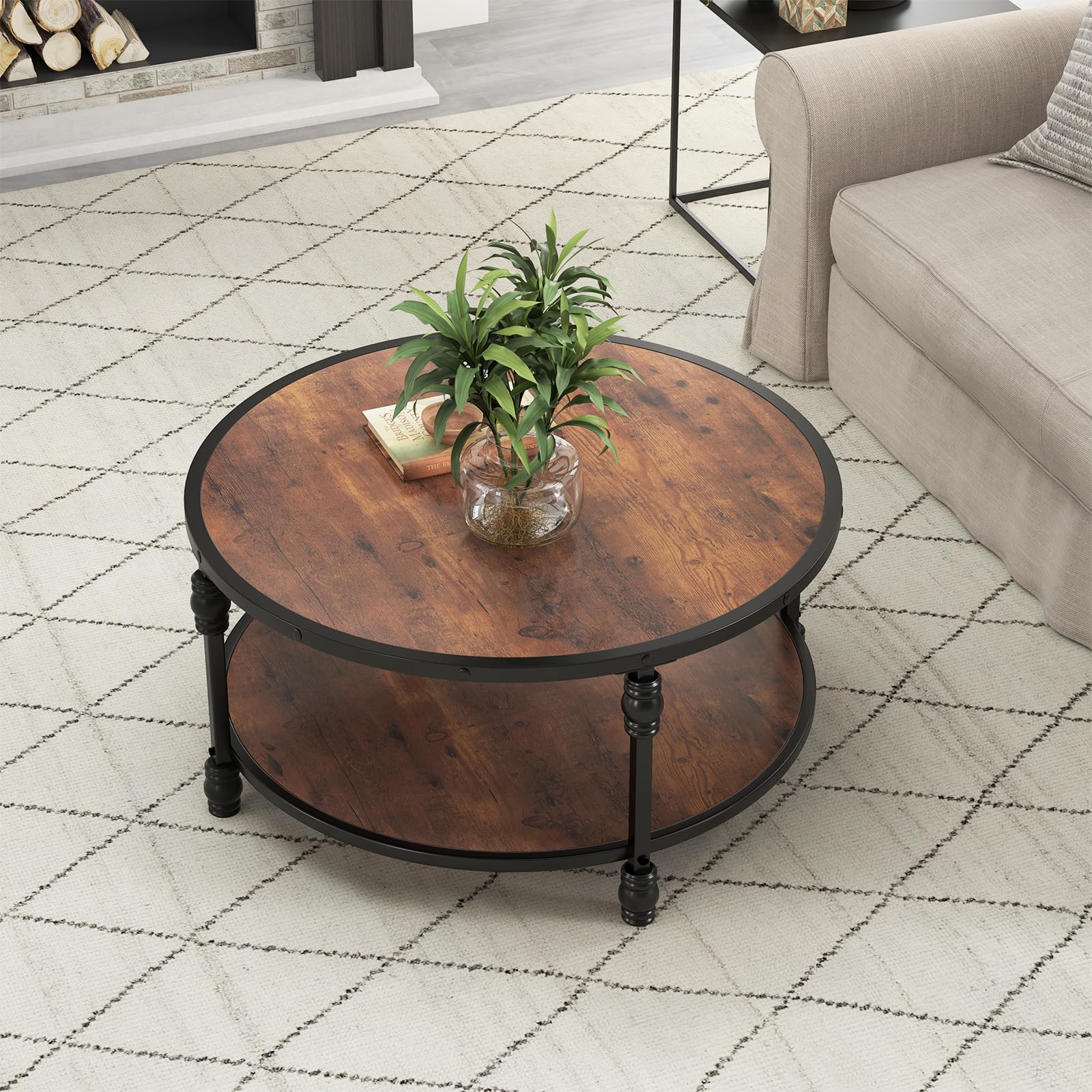 GarveeTech Table Basse Ronde 2 Niveaux en Bois avec Étagère - Cadre Métallique Colonne Romaine - Facile à Monter - 30,5 Pouces Marron Vintage