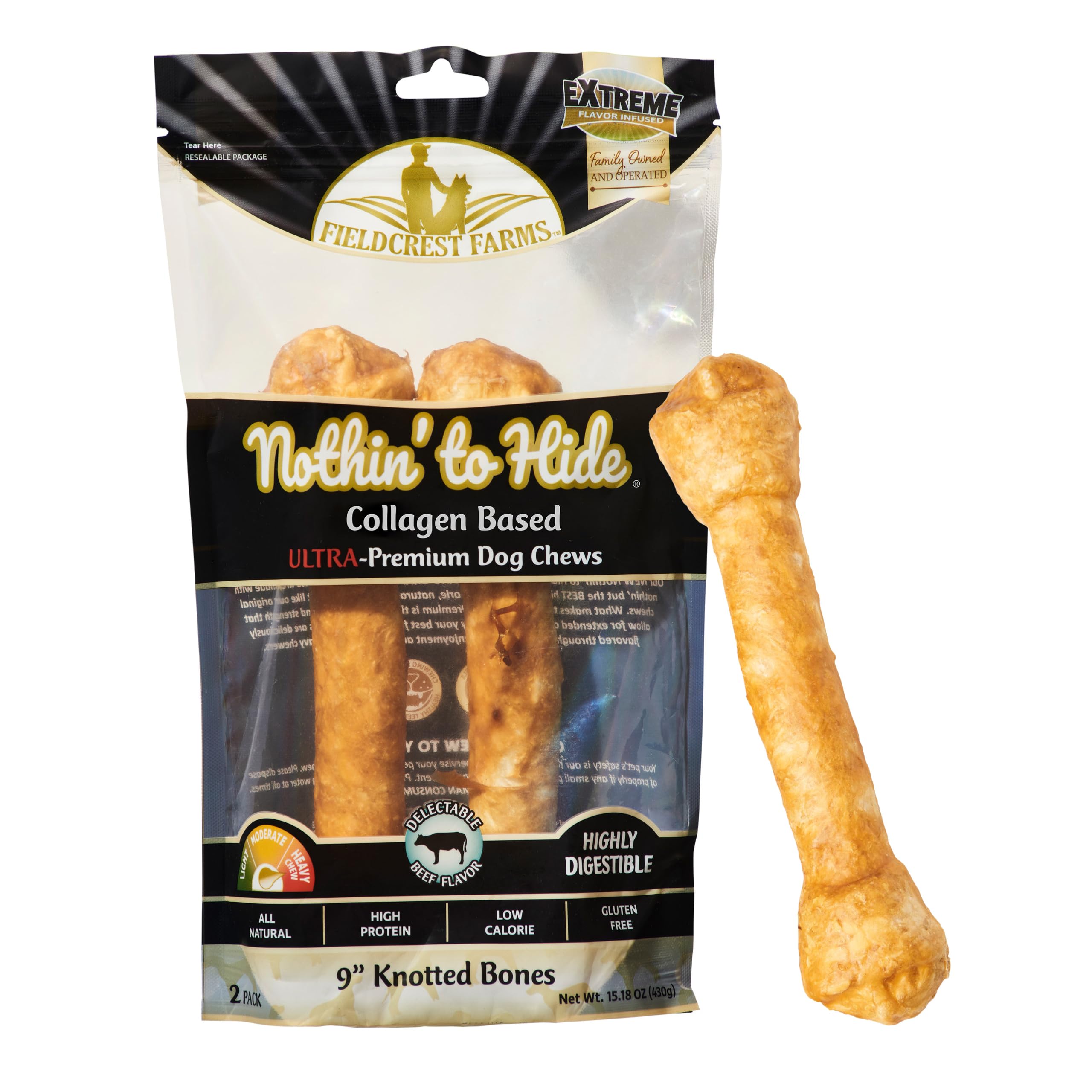 Fieldcrest Farms Nothin’ to Hide Ultra Knotted Bones – Collagen-Based Rawhide Alternative Dog Chews, Beef Flavor, Highly Digestible for Aggressive Chewers up to 35 lbs, 9-Inch, 2 Pack