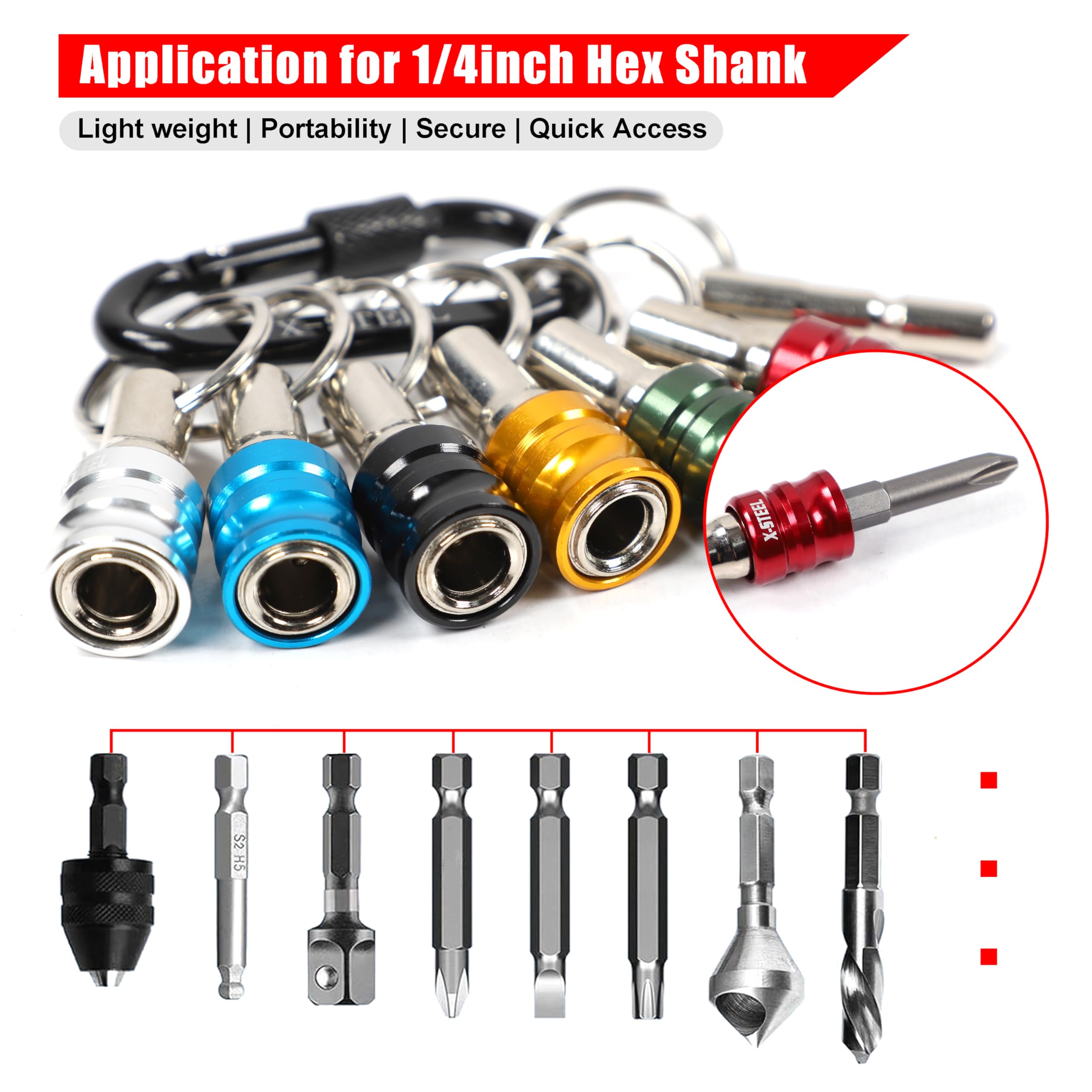 X-STEEL 6Pcs Bit Holder, 1/4 Drill Bit Holders, Keychain Drill Screw Adapter Change Portable, With Black Carabiner for Tools & Home Improvement Gift - 2