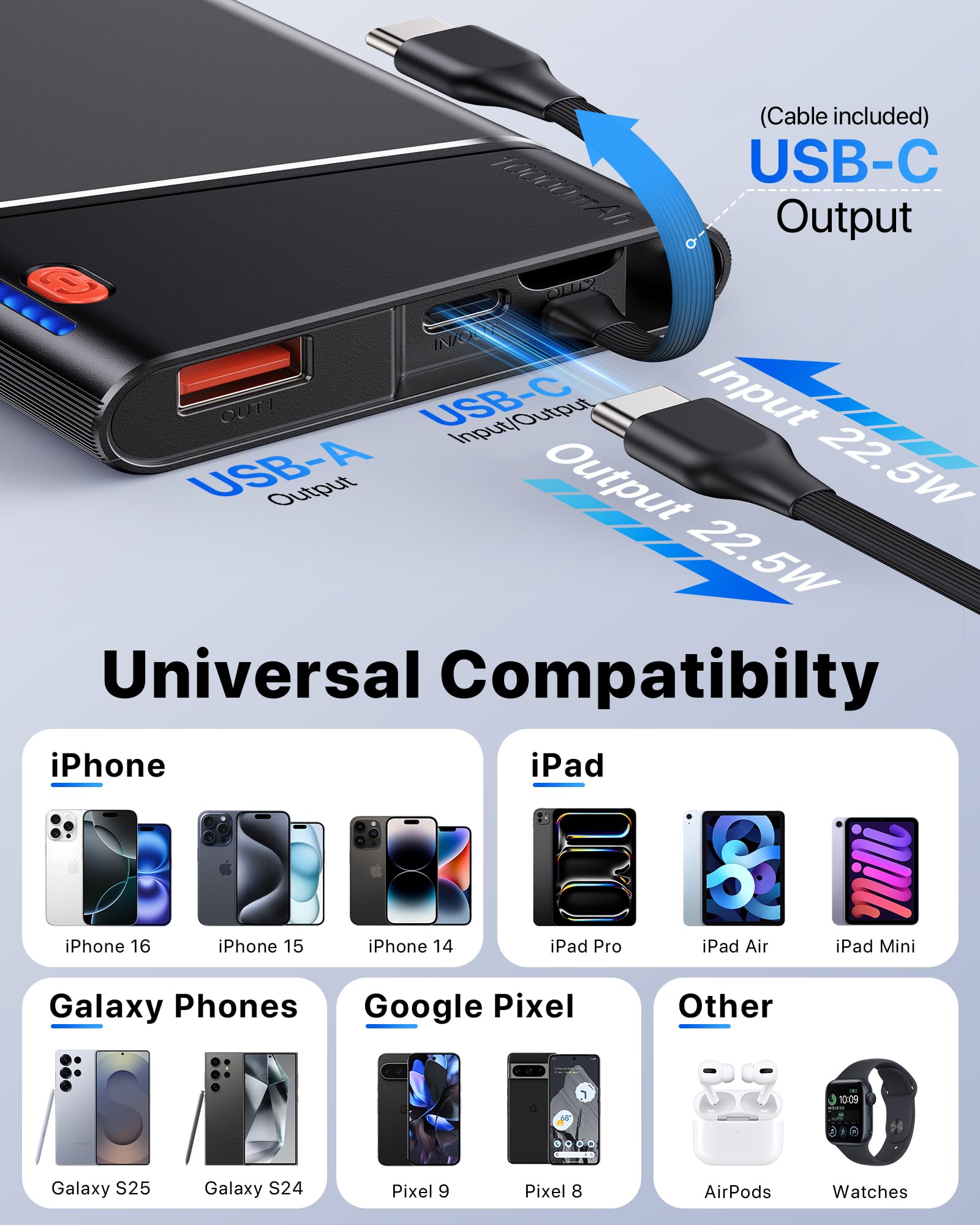 Portable Charger Power Bank, 10000mAh 22.5W PD Super Fast Charging Powerbank with Built-in USB C in&Out Cable, Slim External Phone Battery Pack for iPhone 17/16/15 iPad Samsung S24 Android etc