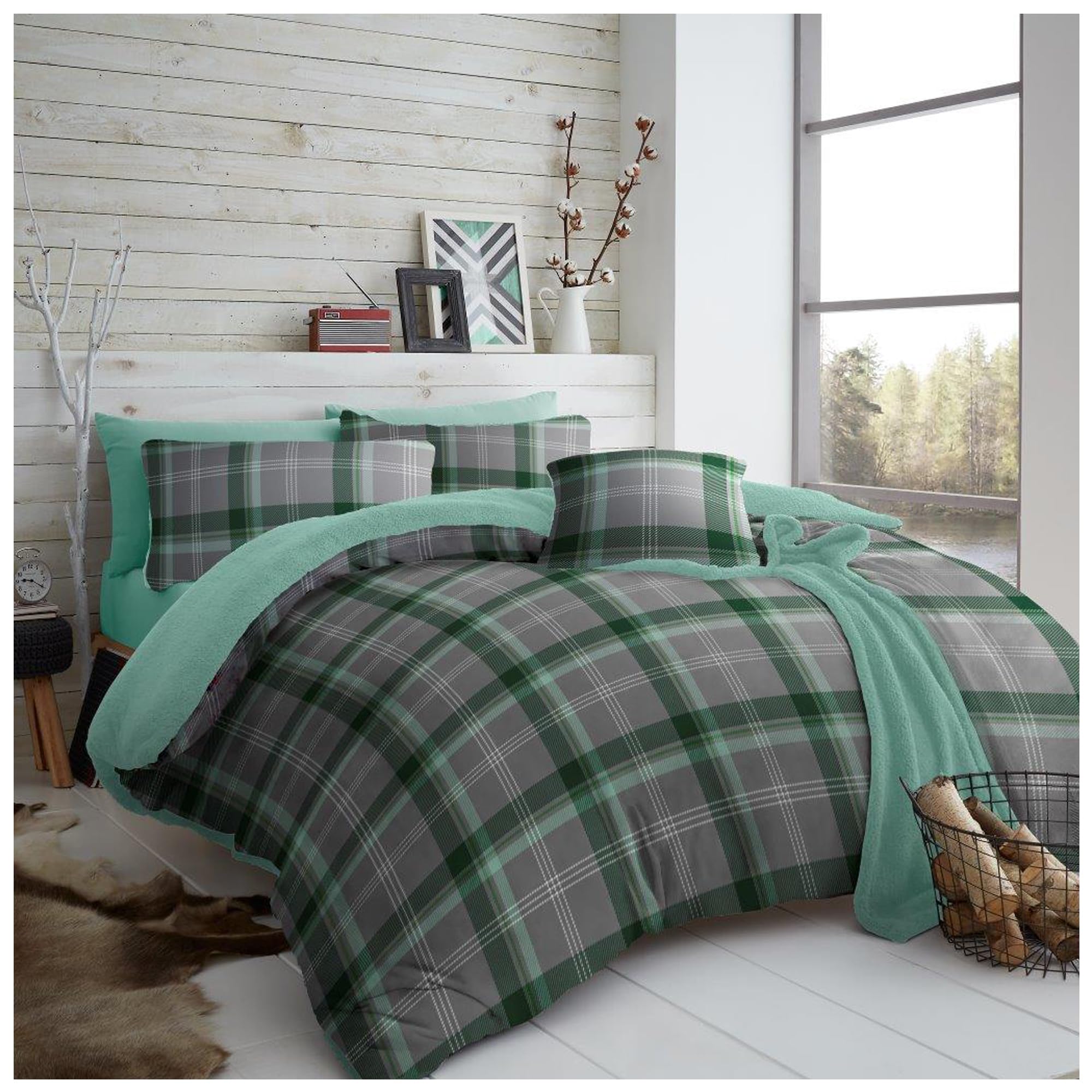 Lions Teddy Bear Bedding Double Bed Size - Reversible Fleece Check Duvet Cover Set with Pillowcase, Thermal Warm Cosy Quilt Covers, Green, 200x200cm