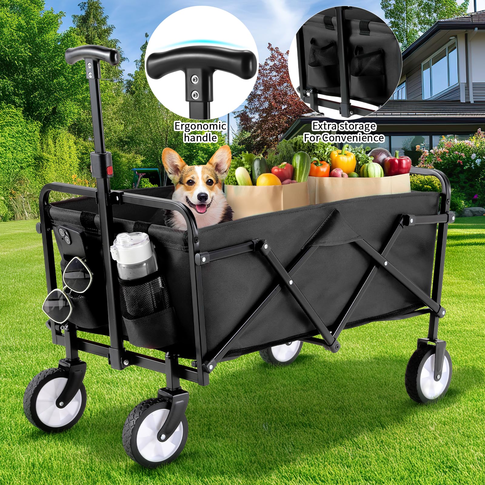 LIFERUN Carro Plegable, Carro de Jardín con Mango Ajustable, Bolsillos Laterales, Ruedas Todo Terreno, Capacidad de 60 kg, Carrito de Playa para Exteriores, Camping, Playa, Picnic, Compras