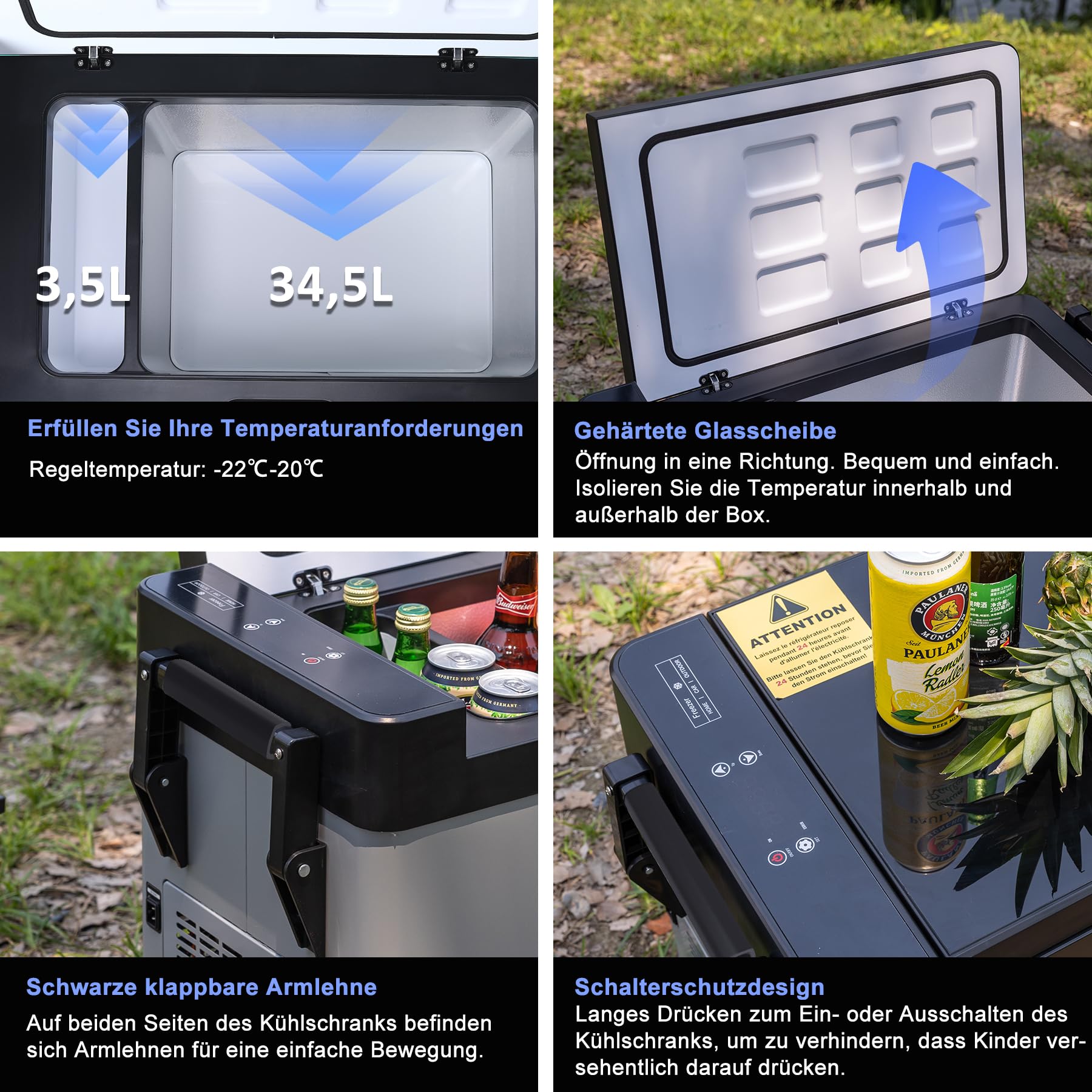Kompressor kühlbox 38L auto elektrische kühlbox 12V 240V tragbare Camping Kühlschrank mit Griff Temperaturkontrolle -22℃-20℃ Mini Kühlschrank für Auto Lkw Boot Reisemobil Musikfestivals Picknicks Grau