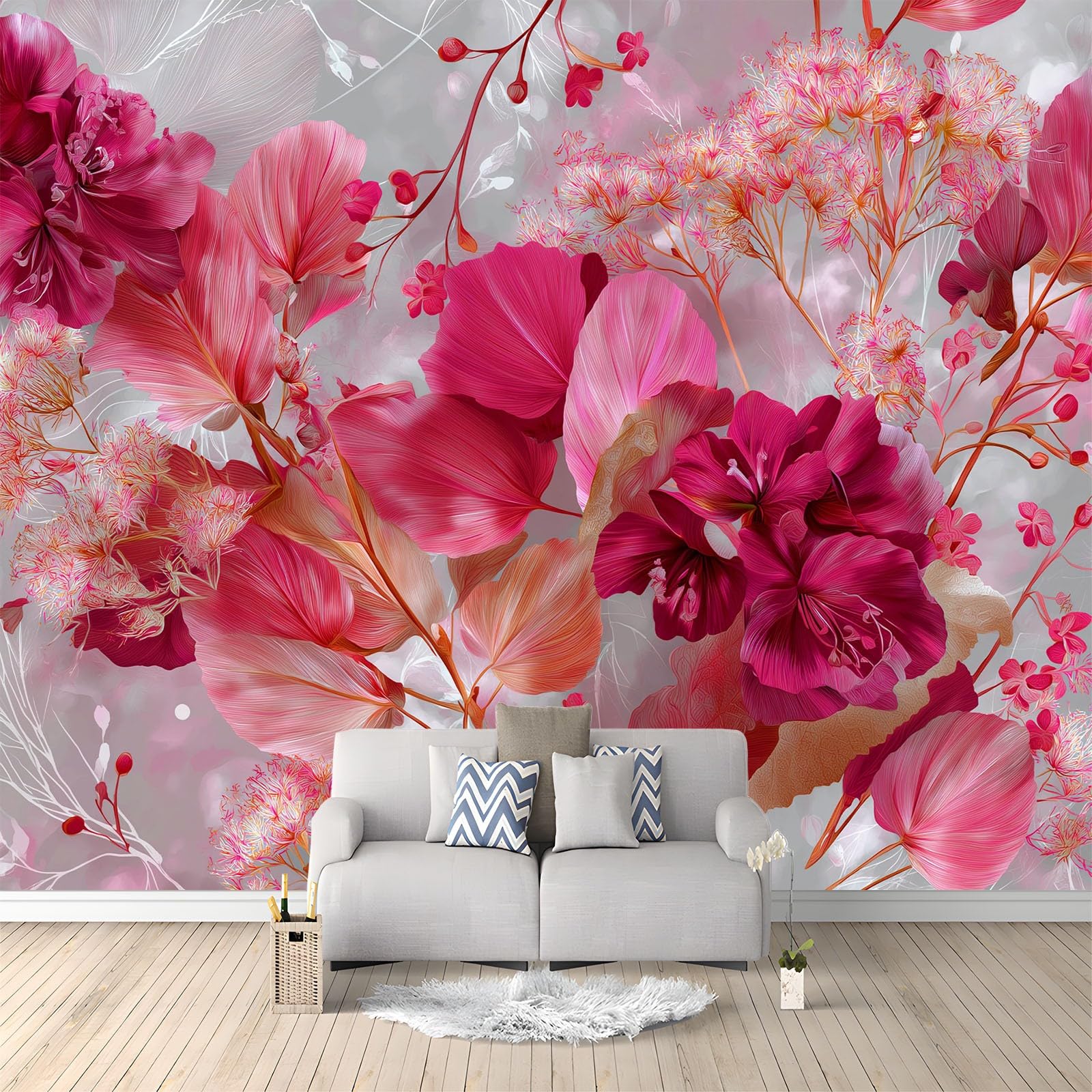 Panoramiczna tapeta w stylu boho (Boho) romantyczna bujne kwiaty liście ciemnoróżowa 200 x 140 cm - nowoczesny gobelin ścienny z włókniny do salonu, sypialni lub pokoju dziecięcego
