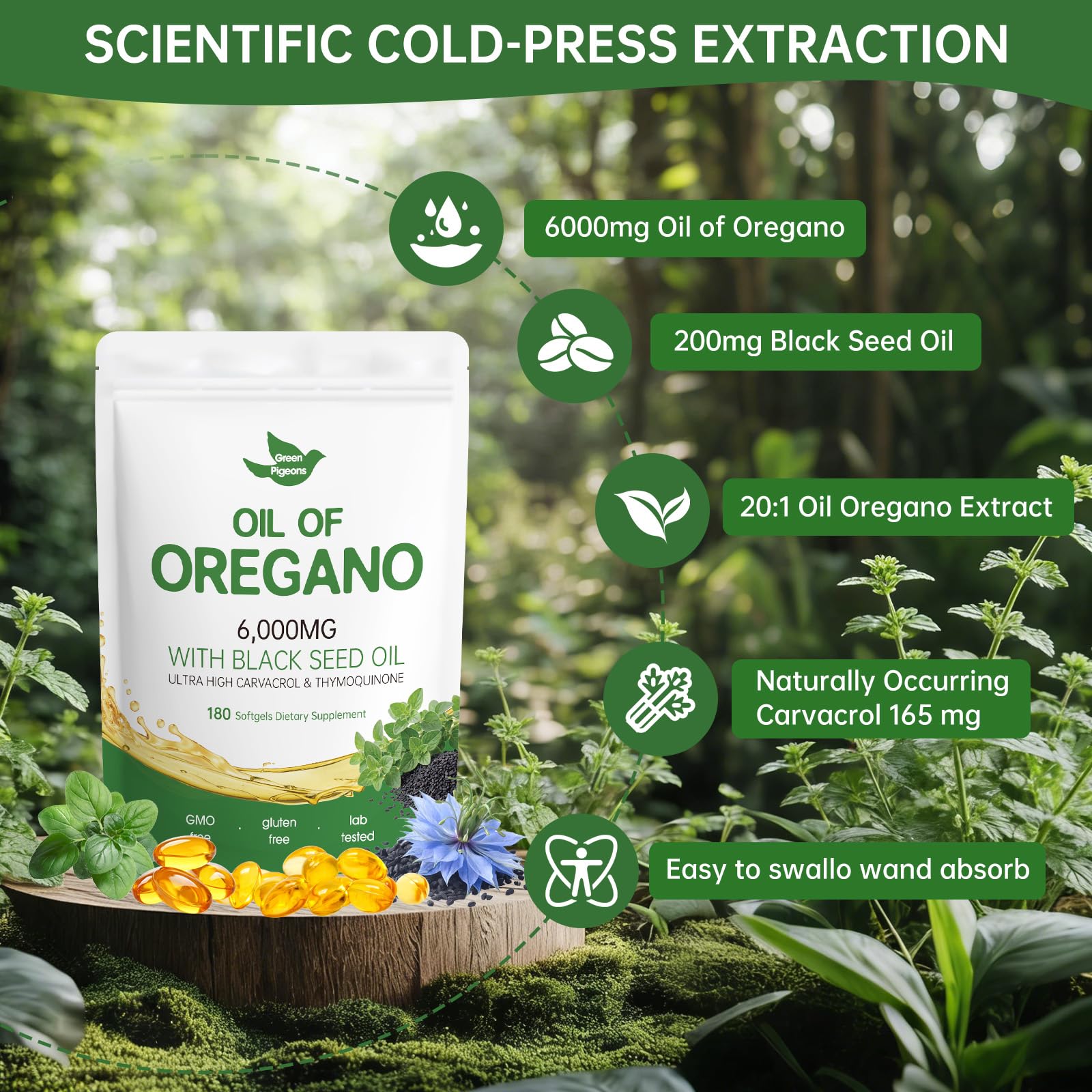 Oil of Oregano with Black Seed Oil, 180 Count Oregano Oil Capsules with 4X Strength of Carvacrol and Thymoquinone, Non-GMO, Natural Herbal Health Supplement — Amazon image 3