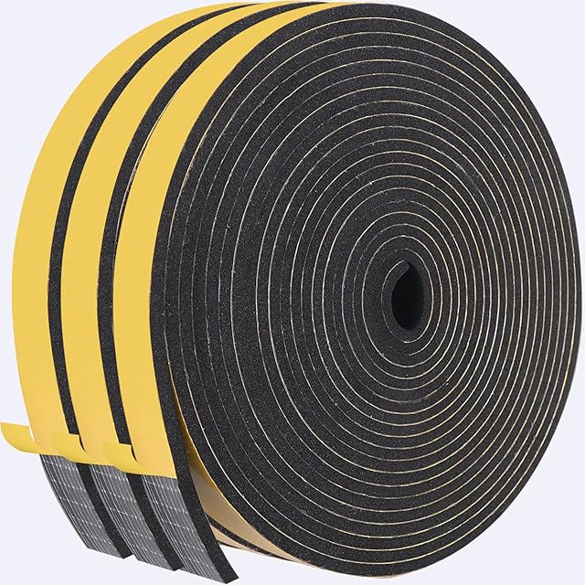Amazon Brand - Eono Foam Rubber Seal Tape 12mm(W) x 3mm(T) Draught Excluder Weather Stripping for House Furniture Sealing, 3 Rolls & 5M Long Each