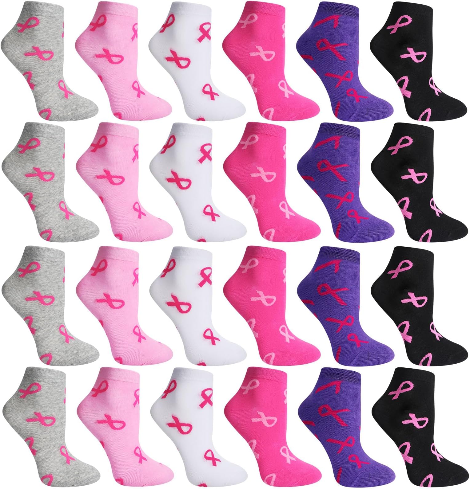 24 Pairs of Pink Ribbon Breast Cancer Awareness Socks, Cotton Crew Socks Above Ankle Socks for Women Survivor Sports Teams, Multi Colors Colorful Casual Socks