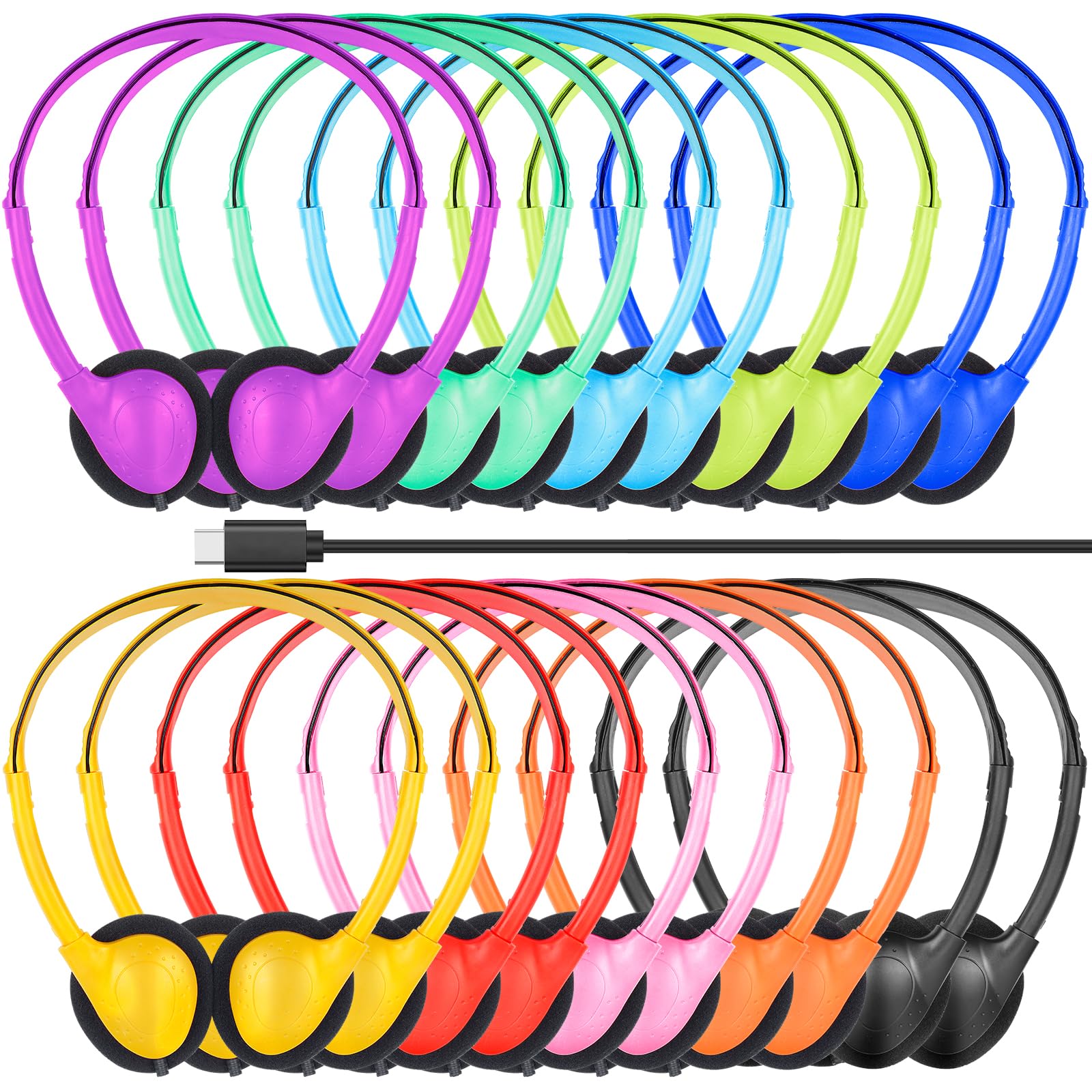 USB Type C Headphones Bulk for Kids Classroom School 20 Pack, On Ear