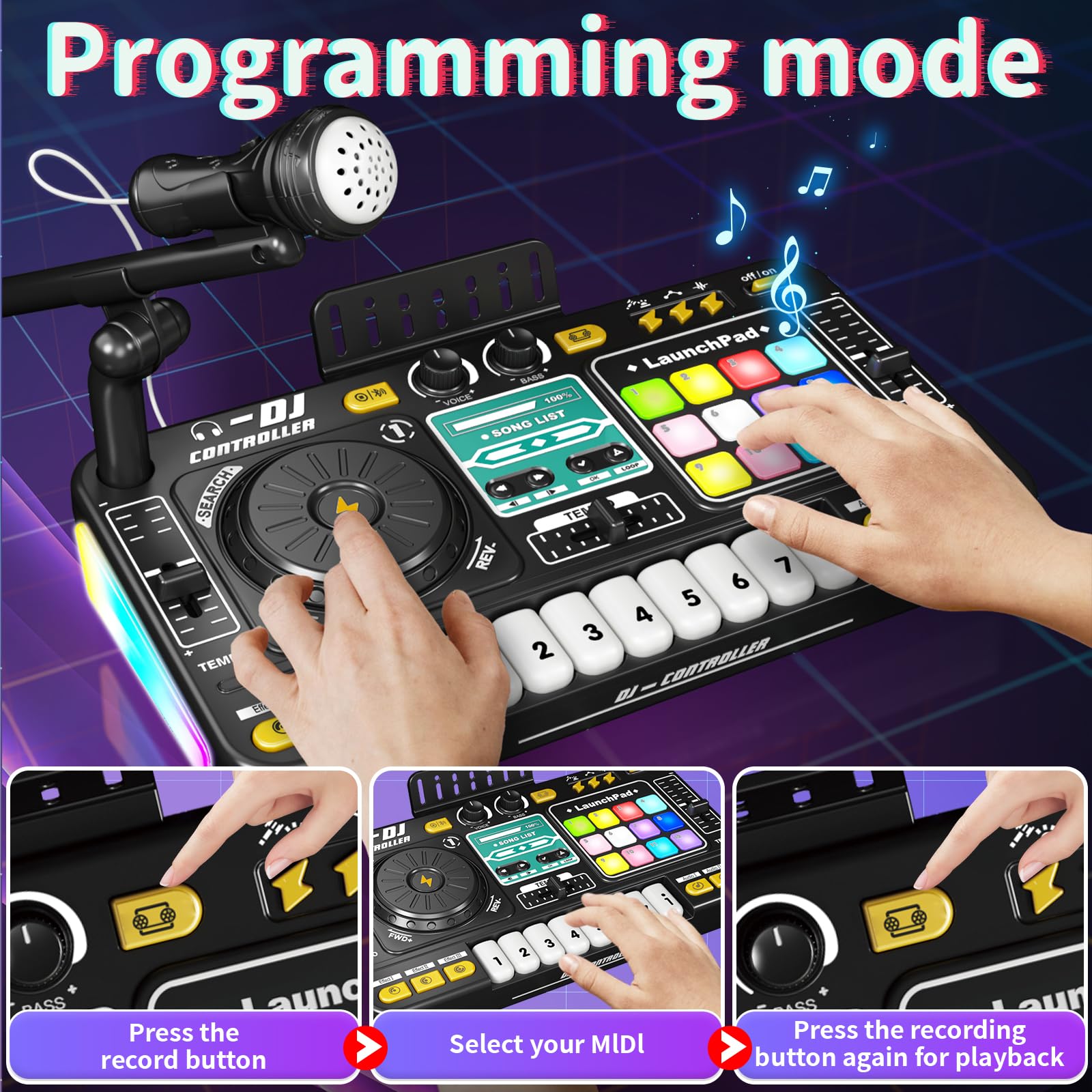 Juego de controlador de tablero mezclador de DJ para niños con tocadiscos, teclas de piano, micrófono y Bluetooth, juguete de instrumento musical para niños pequeños, bebés y niños y niñas de 3 a 8 3