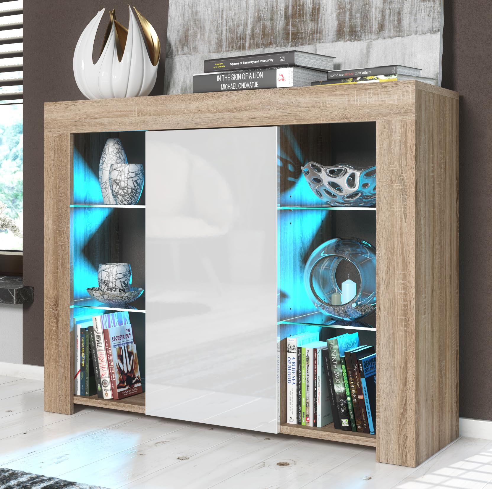 Creative Furniture Sideboard 97cm Oak Modern Stand White Gloss Doors Free LED