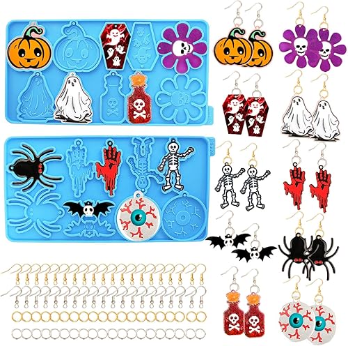 Miniatura 1 de Rifanda 82 moldes de resina para aretes de Halloween con agujero, 10 pares de moldes de silicona para aretes de Halloween con 40 ganchos para
