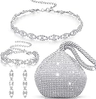 MTLEE 4-Piece Rhinestone Jewelry Set: Crystal Necklace, Choker Bracelet, Dangle Earrings & Triangle Bling Clutch Purse for Weddings Parties