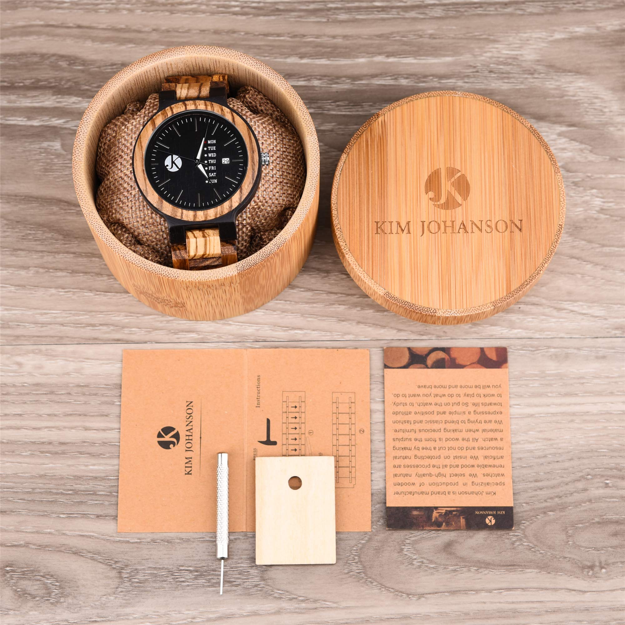 Kim Johanson Herren Holz-Edelstahl Armbanduhr *Dark Week* mit Datum- & Tagesanzeige Handgefertigt Quarz Analog Uhr inkl. Geschenkbox