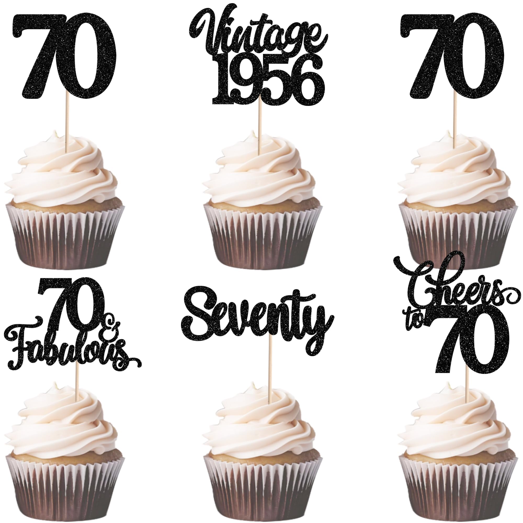 30 Pack Happy 70th Birthday Cupcake Toppers Glitter Hello 70 Seventy Vintage 1956 Cupcake Picks Cheers to 70 Party Decorations for 70th Birthday Anniversary Party Cake Decorations Black