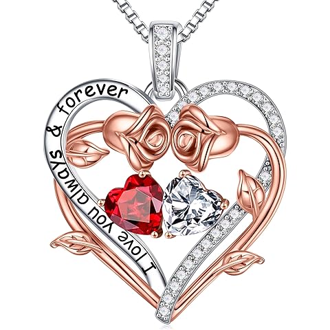 Iefil Rose Heart Double Birthstone Necklace Gifts for Wife Her Mom Women, Birthstone Jewelry Gemstone Birthday Gifts for Girlfriend Grandma Her Wife Women