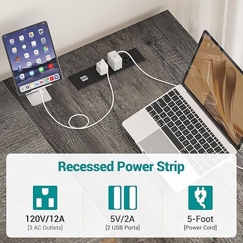 Miniatura 6 de Hyomdeck Escritorio reversible en forma de L para juegos con tomas de corriente y puertos de carga USB, escritorio resistente para computadora con