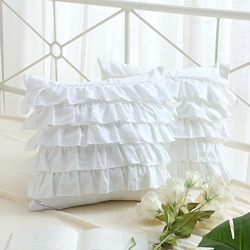 Vista 192 de Fundas de almohada cuadradas blancas con volantes, fundas de almohada europeas, 100% algodón, 18 x 18 pulgadas, 2 unidades Blanco 3