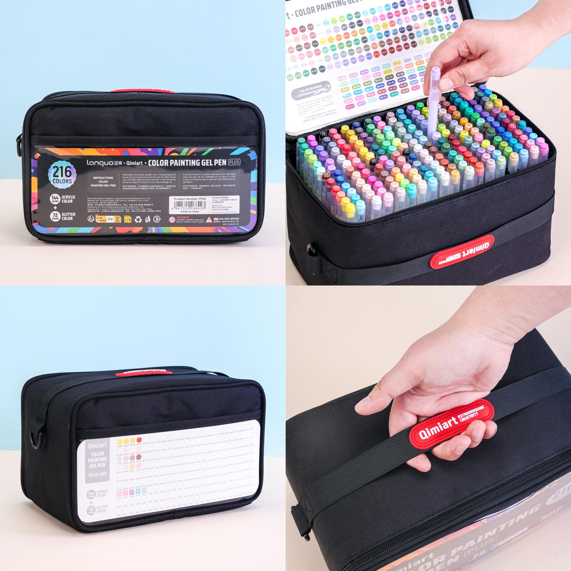languo La boite Qimiart 216 Color : 144 stylos acryliques + 72 stylos pailletés, pointe large de 1,0 mm avec sac de rangement. Pour Dessin, Coloriage mystere, Griffonnage Artisanat Scrapbooking