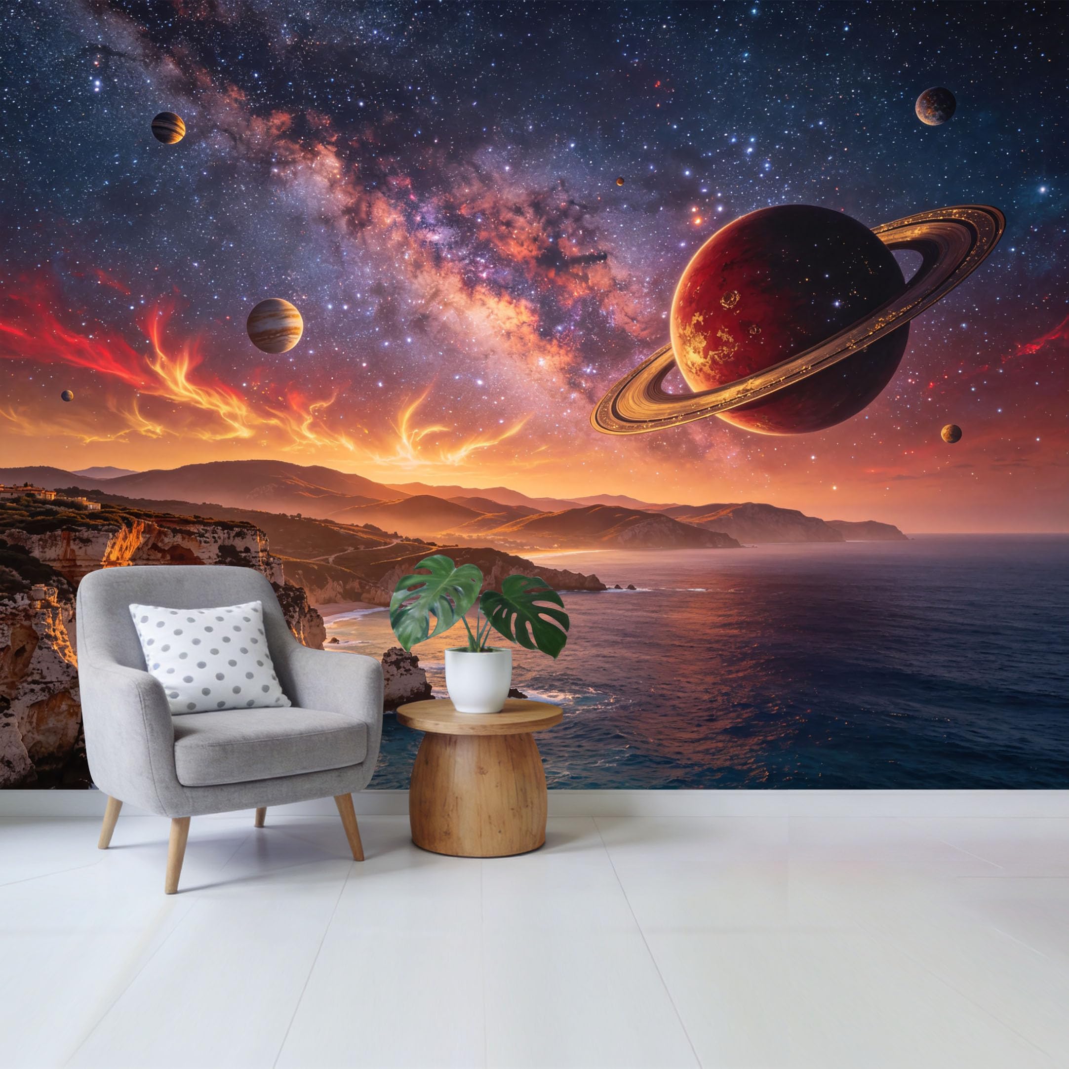 Custom Size Wall Mural Cosmic Ocean Sunset Planetary Landscape Galaxy Sky View Removable Self Adhesive Fabric Home Wall Decor for Living Room Bedroom Bathroom