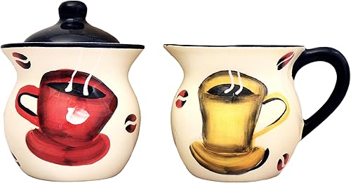 Tuscany - Juego de crema y azúcar de cerámica pintada a mano en grano de café colorido, azucarero con tapa